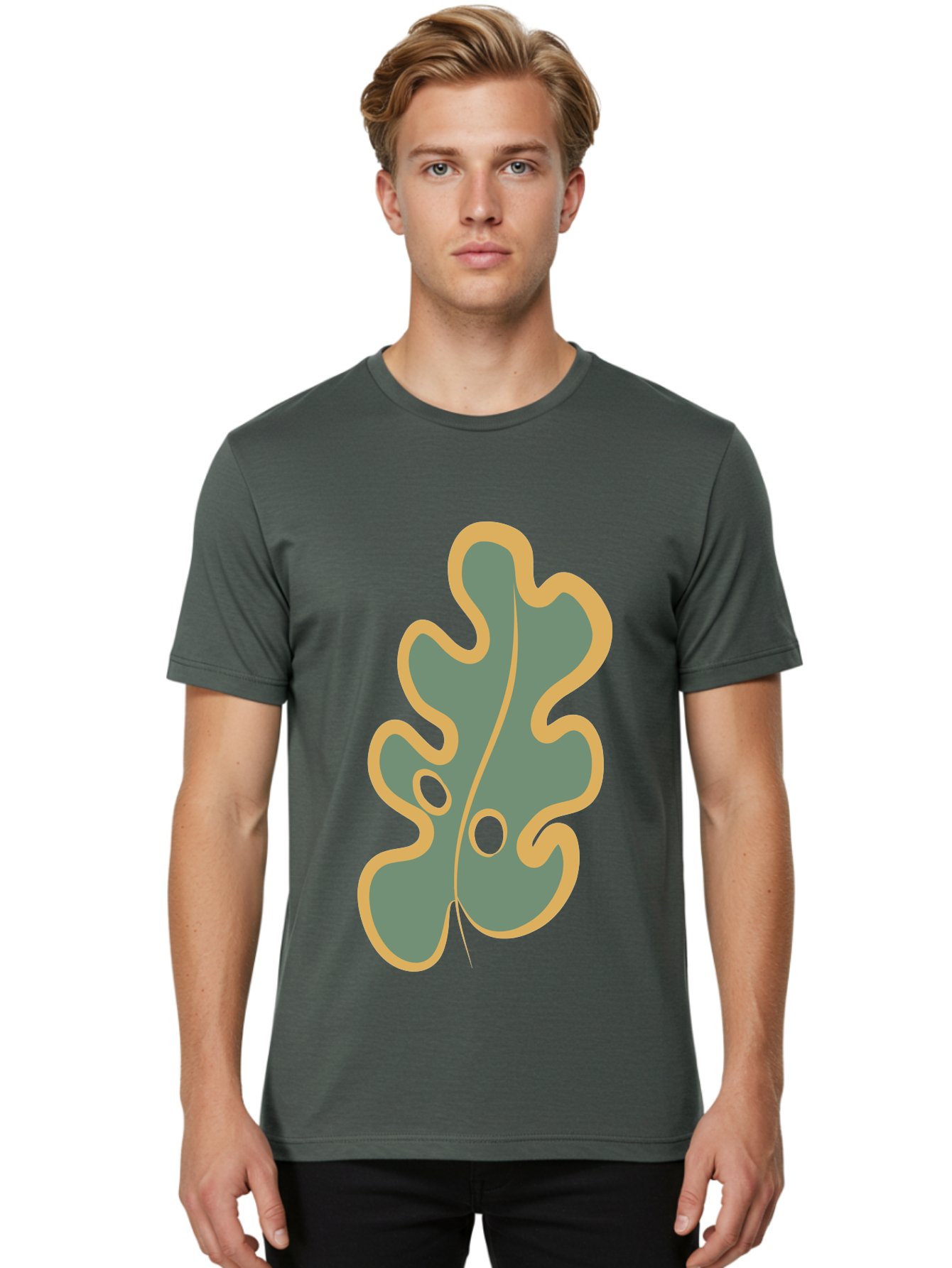 Oak-Leaf-1 Men'S Graphic Tee, 100% Cotton, Comfortable Casual Summer Wear, Machine Washable, Oak Leaf, Leaf Silhouette, Foliage Icon, Nature Symbol, Muted Green, Yellow Outline, Simple Graphic, Natural Design Aae033 8