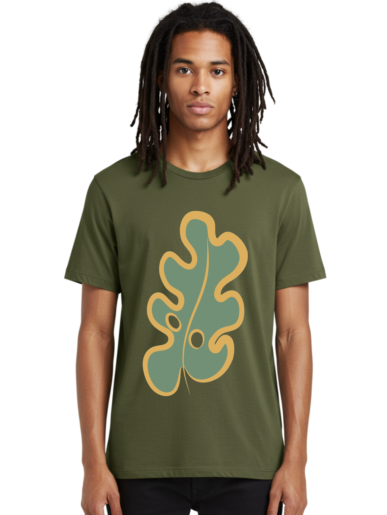 Oak-Leaf-1 Men'S Graphic Tee, 100% Cotton, Comfortable Casual Summer Wear, Machine Washable, Oak Leaf, Leaf Silhouette, Foliage Icon, Nature Symbol, Muted Green, Yellow Outline, Simple Graphic, Natural Design Aae033 2