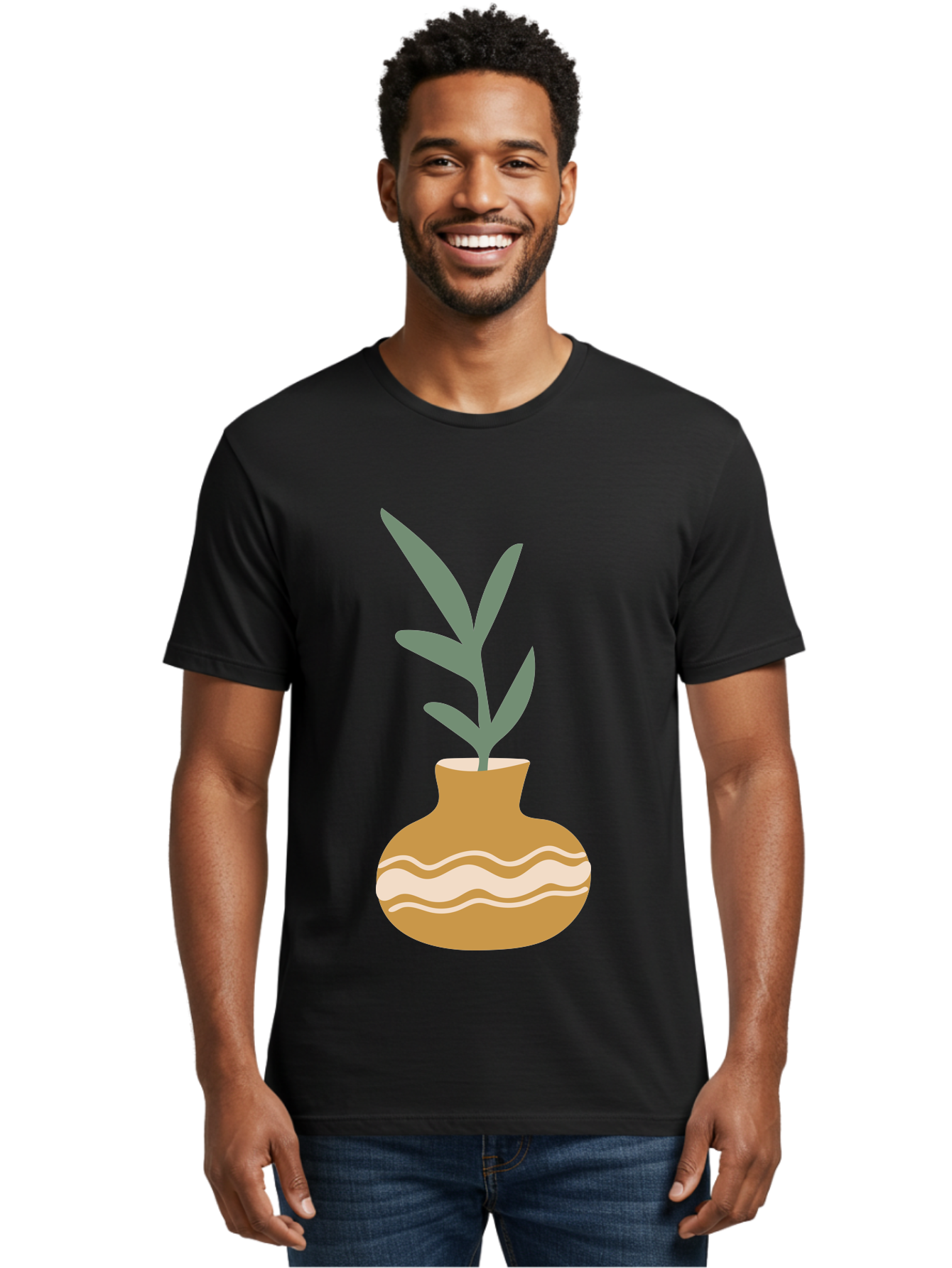 Pot-With-Plant Men'S Graphic Tee, 100% Cotton, Comfortable Casual Summer Wear, Machine Washable, Tan Pot, Wavy Lines, White Accents, Leaves, Plant, Ceramic, Earthy Tones, Simple Design, Botanical Illustration Aae045 4