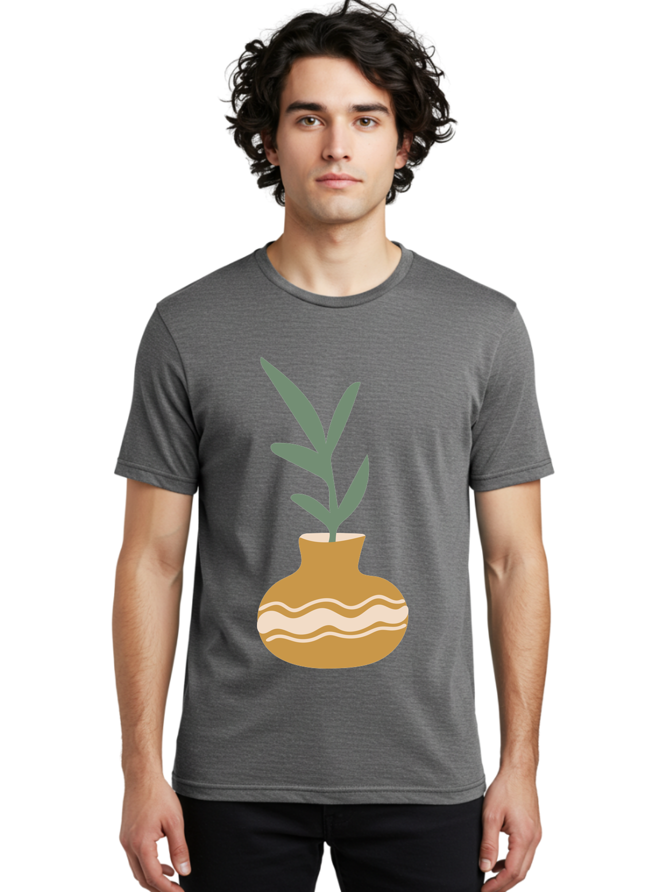 Pot-With-Plant Men'S Graphic Tee, 100% Cotton, Comfortable Casual Summer Wear, Machine Washable, Tan Pot, Wavy Lines, White Accents, Leaves, Plant, Ceramic, Earthy Tones, Simple Design, Botanical Illustration Aae045 22