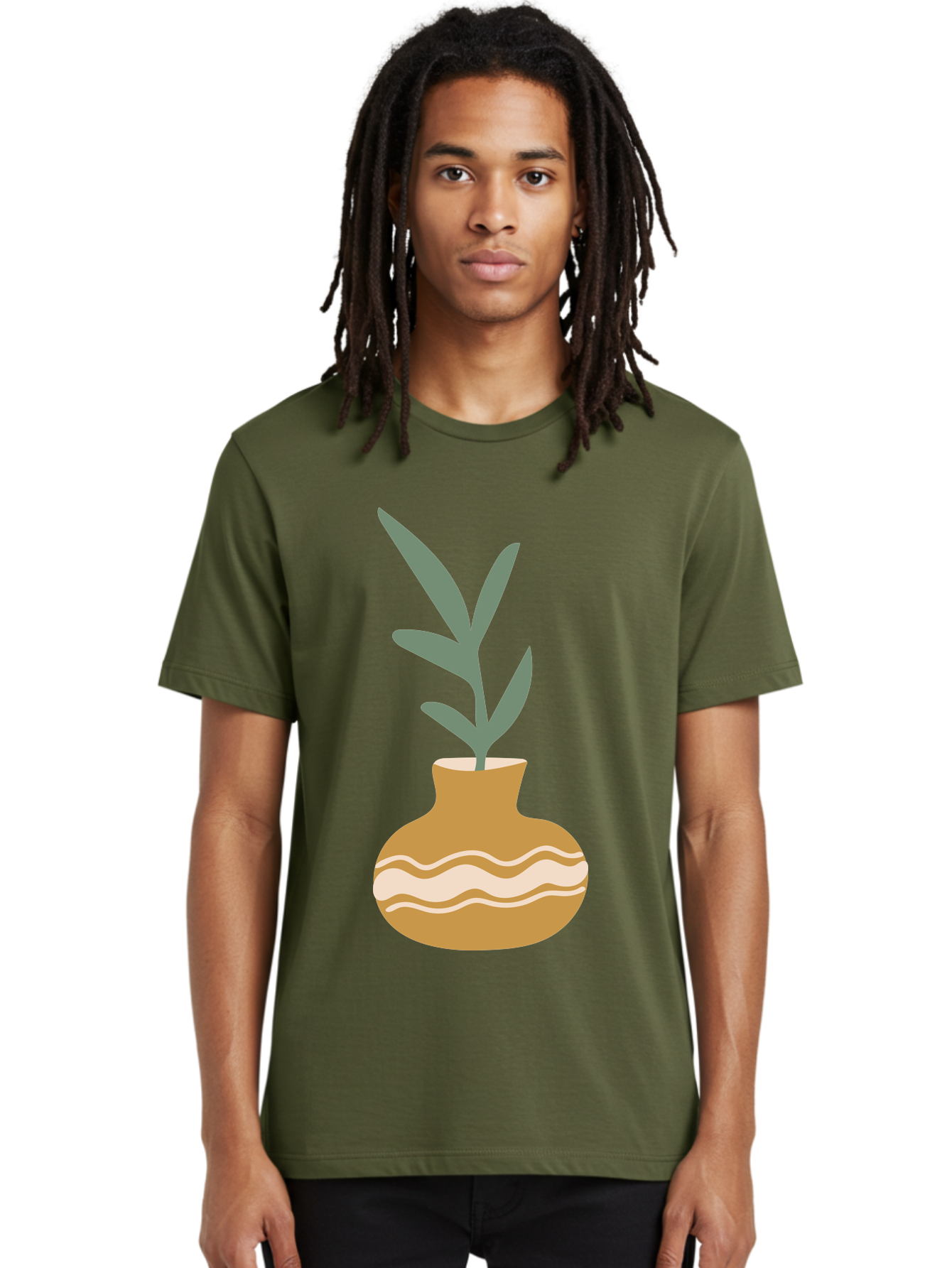 Pot-With-Plant Men'S Graphic Tee, 100% Cotton, Comfortable Casual Summer Wear, Machine Washable, Tan Pot, Wavy Lines, White Accents, Leaves, Plant, Ceramic, Earthy Tones, Simple Design, Botanical Illustration Aae045 8