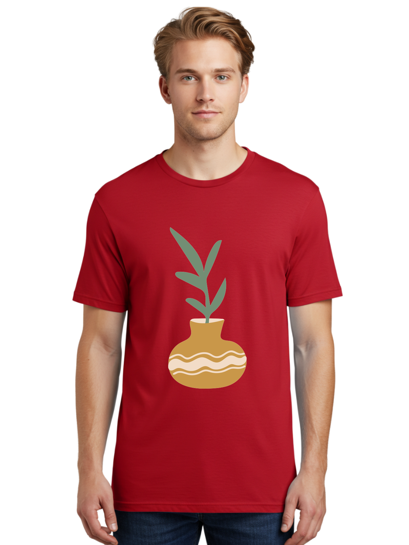 Pot-With-Plant Men'S Graphic Tee, 100% Cotton, Comfortable Casual Summer Wear, Machine Washable, Tan Pot, Wavy Lines, White Accents, Leaves, Plant, Ceramic, Earthy Tones, Simple Design, Botanical Illustration Aae045 10