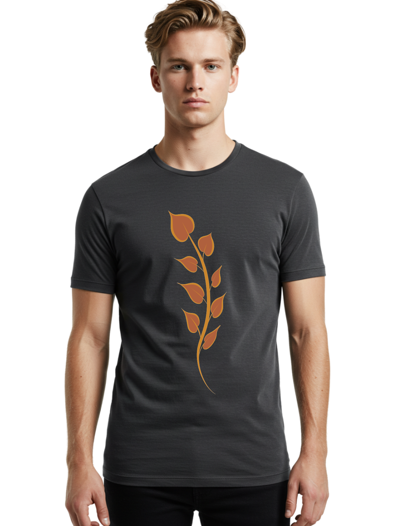 Red-Leaves-Stem Men'S Graphic Tee, 100% Cotton, Comfortable Casual Summer Wear, Machine Washable, Red Stem, Red Leaves, Simple Design, Digital Illustration, Botanical Art, Minimalist Style, Leaf Pattern, Graphic Element Aae048 4