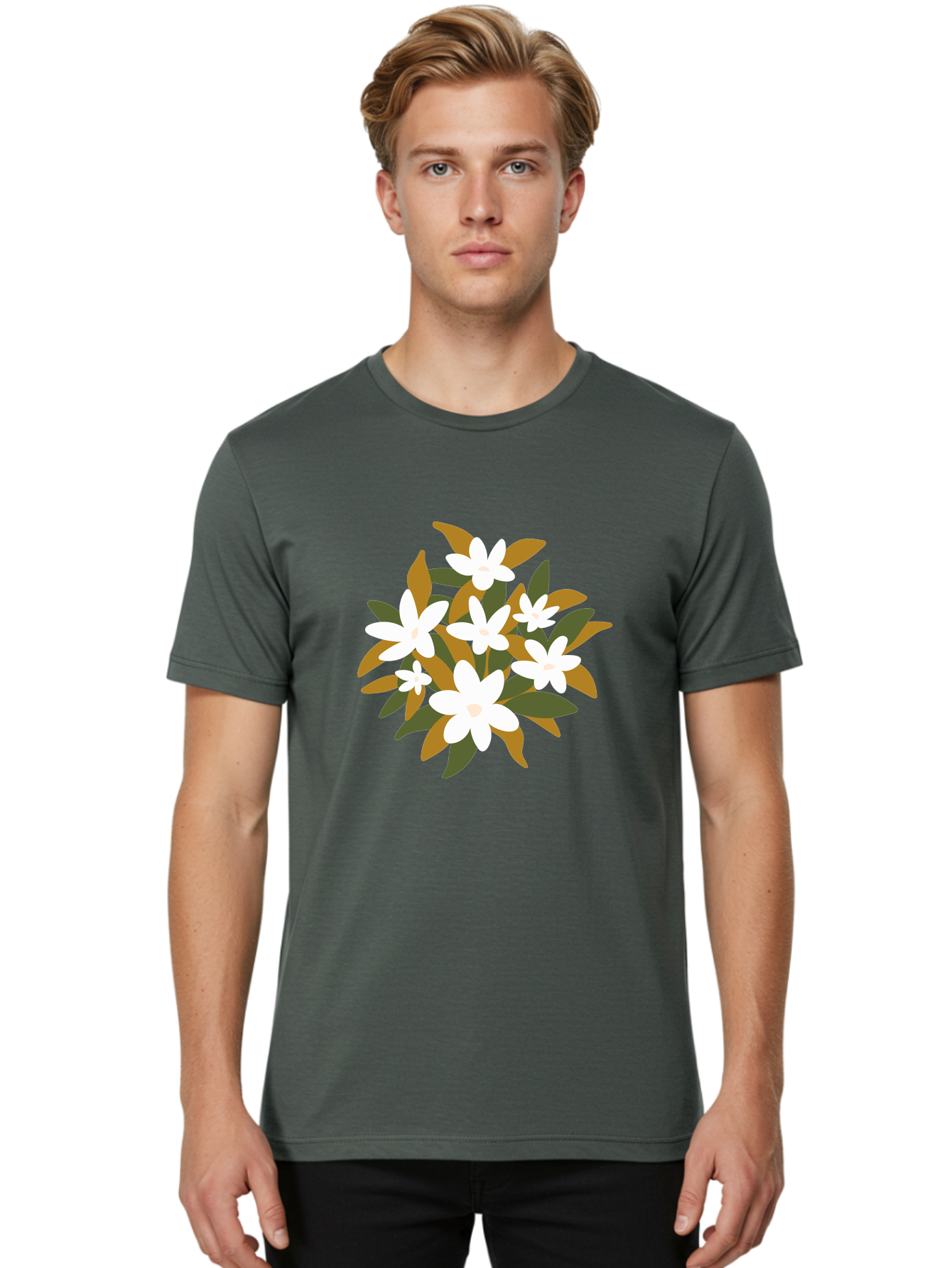 White-Flowers Men'S Graphic Tee, 100% Cotton, Comfortable Casual Summer Wear, Machine Washable, White Flowers, Garden Flowers, Floral Arrangement, Leafy Greens, Brown Leaves, Blooming Flowers, Flower Bouquet, Simple Design Aae062 18