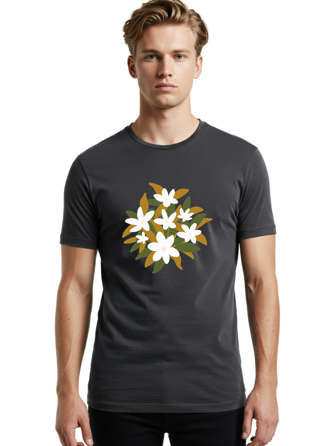 White-Flowers Men'S Graphic Tee, 100% Cotton, Comfortable Casual Summer Wear, Machine Washable, White Flowers, Garden Flowers, Floral Arrangement, Leafy Greens, Brown Leaves, Blooming Flowers, Flower Bouquet, Simple Design Aae062 28