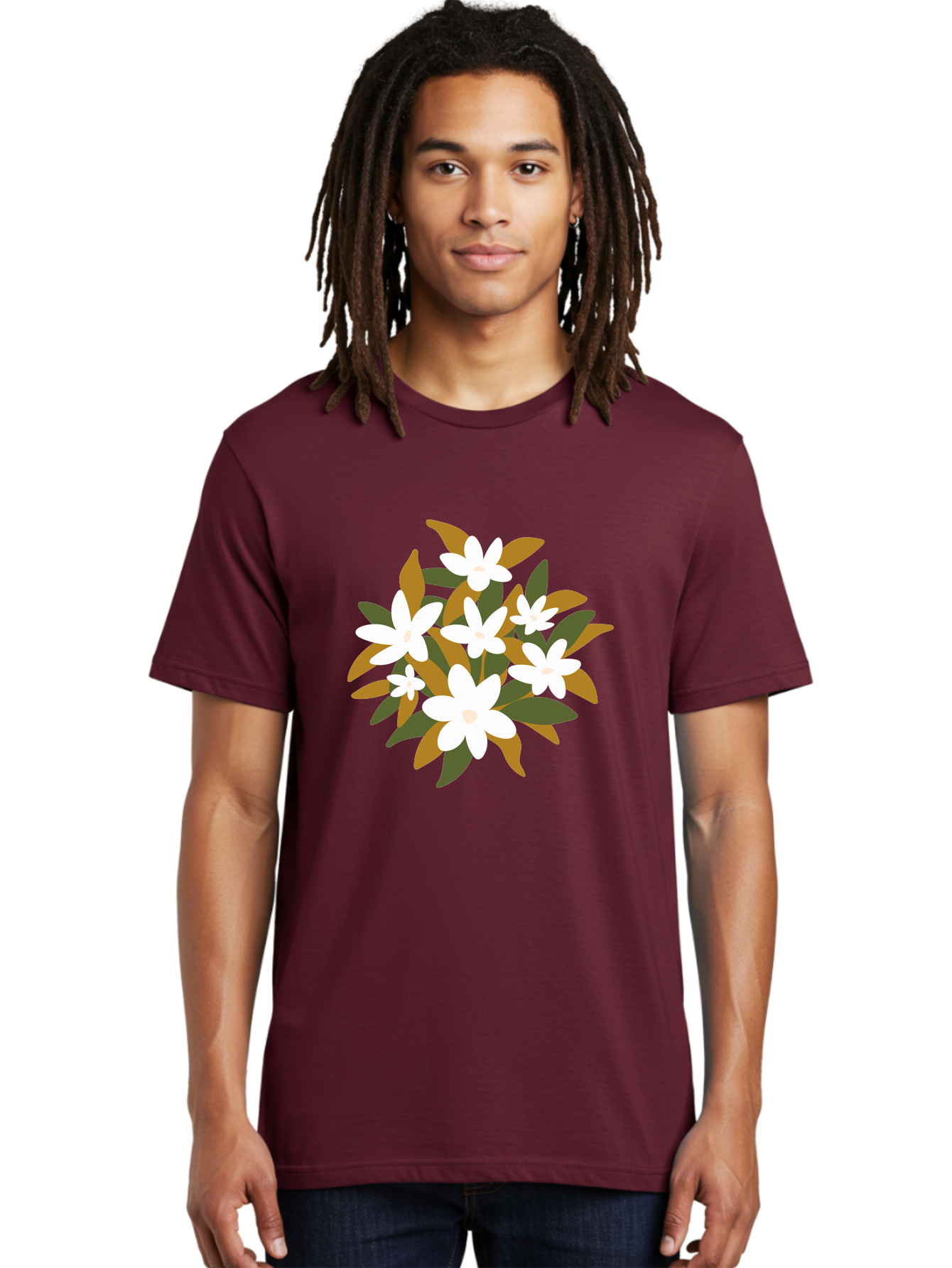 White-Flowers Men'S Graphic Tee, 100% Cotton, Comfortable Casual Summer Wear, Machine Washable, White Flowers, Garden Flowers, Floral Arrangement, Leafy Greens, Brown Leaves, Blooming Flowers, Flower Bouquet, Simple Design Aae062 12