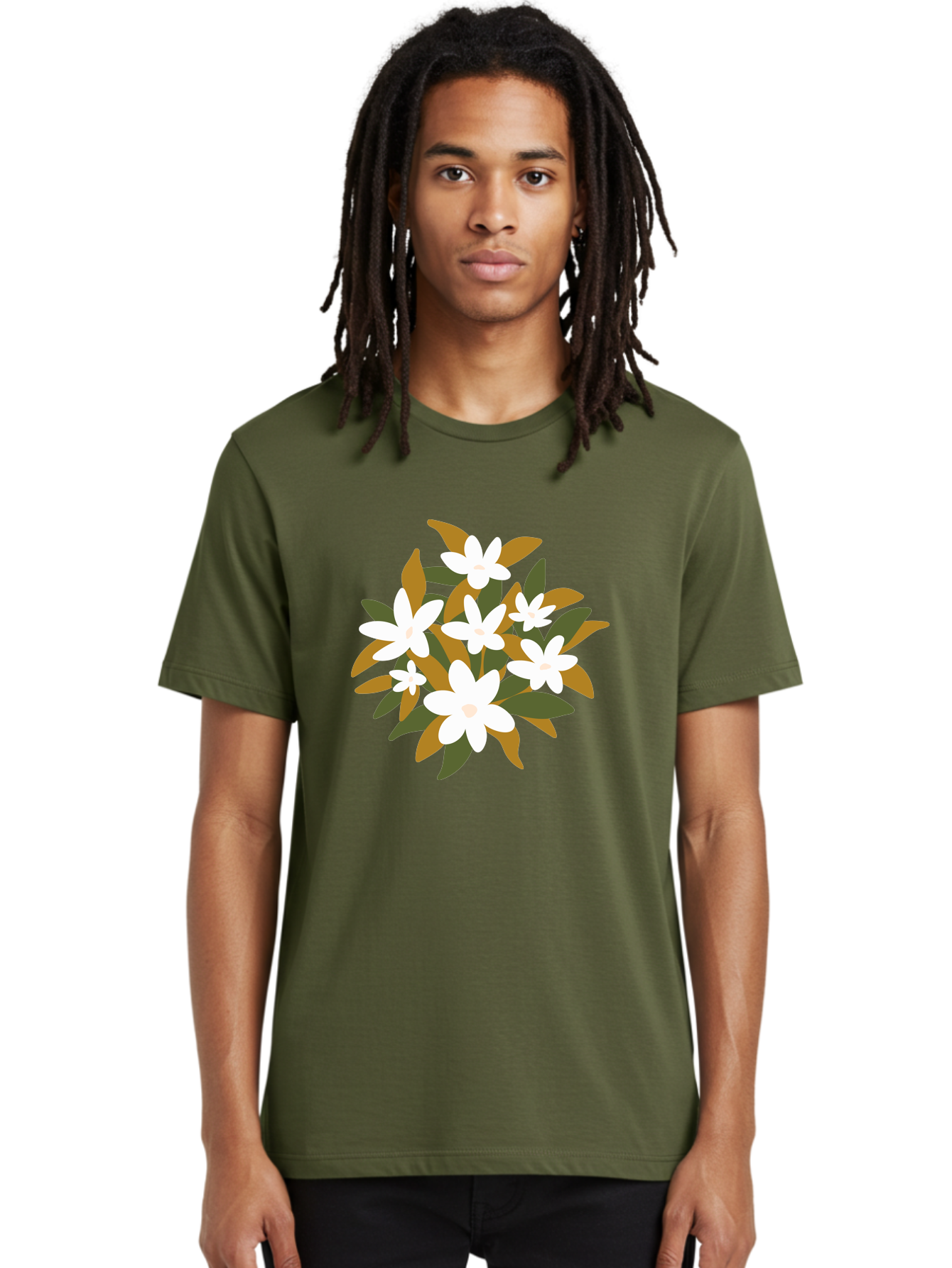 White-Flowers Men'S Graphic Tee, 100% Cotton, Comfortable Casual Summer Wear, Machine Washable, White Flowers, Garden Flowers, Floral Arrangement, Leafy Greens, Brown Leaves, Blooming Flowers, Flower Bouquet, Simple Design Aae062 8
