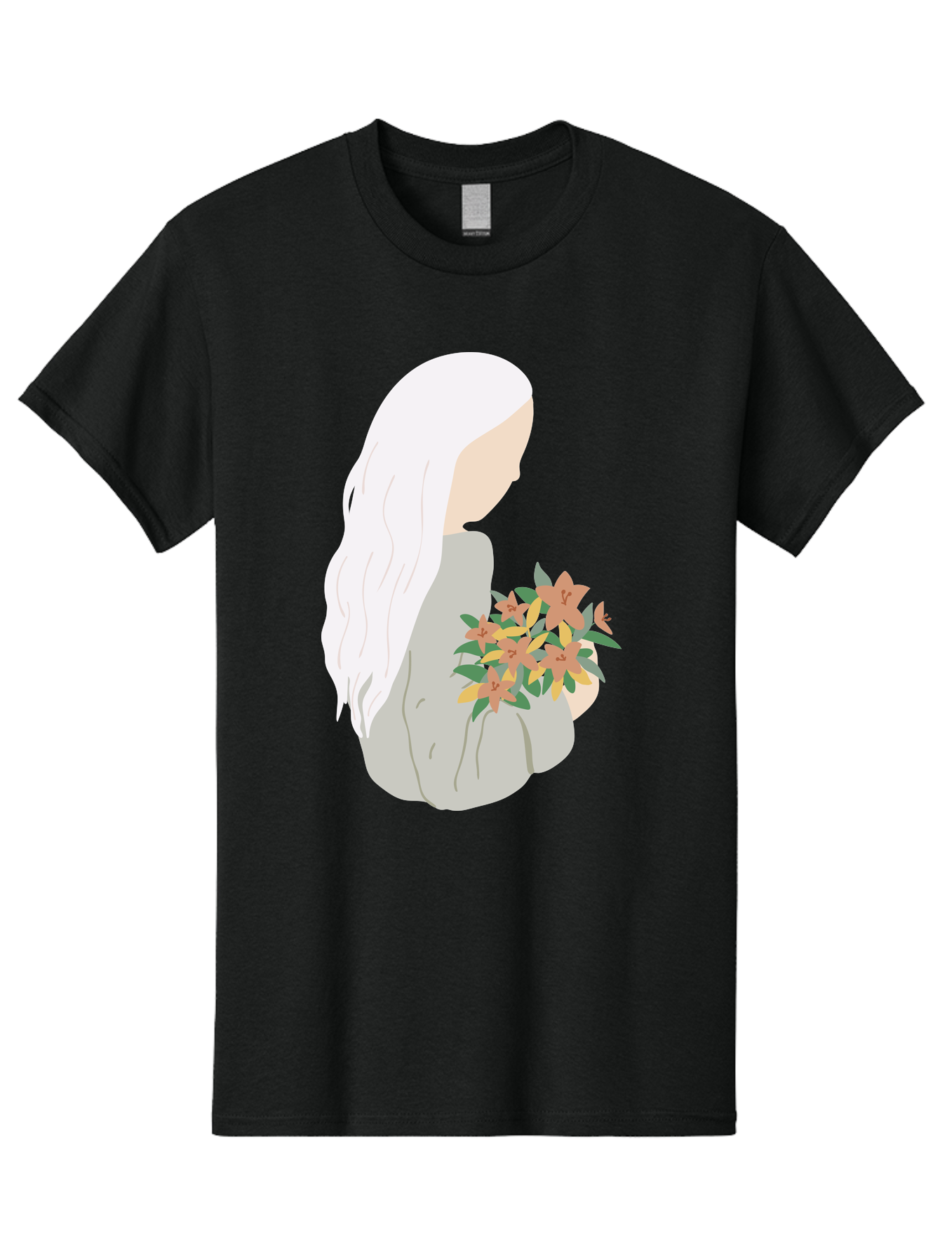 Woman-Holding-Flowers Men'S Graphic Tee, 100% Cotton, Comfortable Casual Summer Wear, Machine Washable, Woman With White Hair, Holding Flowers, Floral Arrangement, Pastel Colors, Gentle Gesture, Soft Illustration, Minimalist Style, Aae063 19