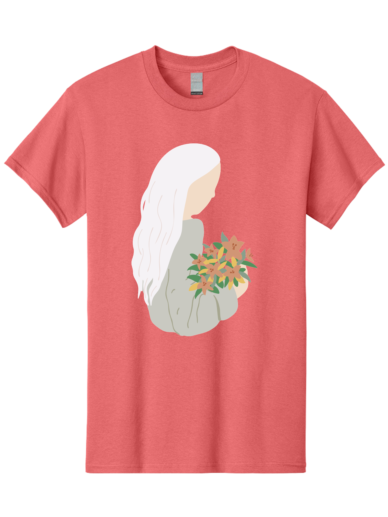 Woman-Holding-Flowers Men'S Graphic Tee, 100% Cotton, Comfortable Casual Summer Wear, Machine Washable, Woman With White Hair, Holding Flowers, Floral Arrangement, Pastel Colors, Gentle Gesture, Soft Illustration, Minimalist Style, Aae063 1