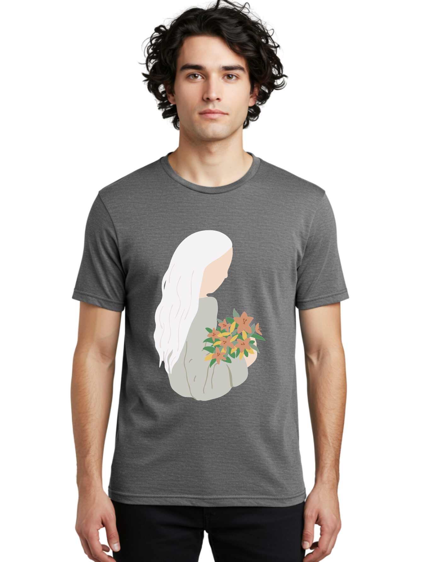 Woman-Holding-Flowers Men'S Graphic Tee, 100% Cotton, Comfortable Casual Summer Wear, Machine Washable, Woman With White Hair, Holding Flowers, Floral Arrangement, Pastel Colors, Gentle Gesture, Soft Illustration, Minimalist Style, Aae063 16