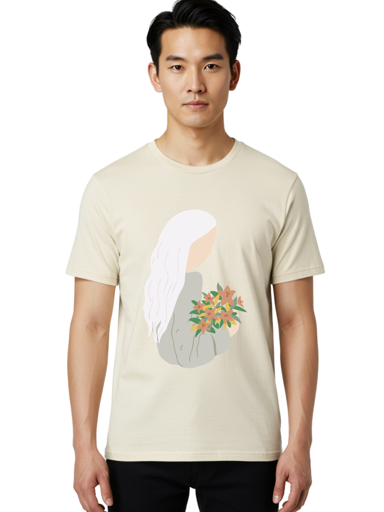 Woman-Holding-Flowers Men'S Graphic Tee, 100% Cotton, Comfortable Casual Summer Wear, Machine Washable, Woman With White Hair, Holding Flowers, Floral Arrangement, Pastel Colors, Gentle Gesture, Soft Illustration, Minimalist Style, Aae063 4