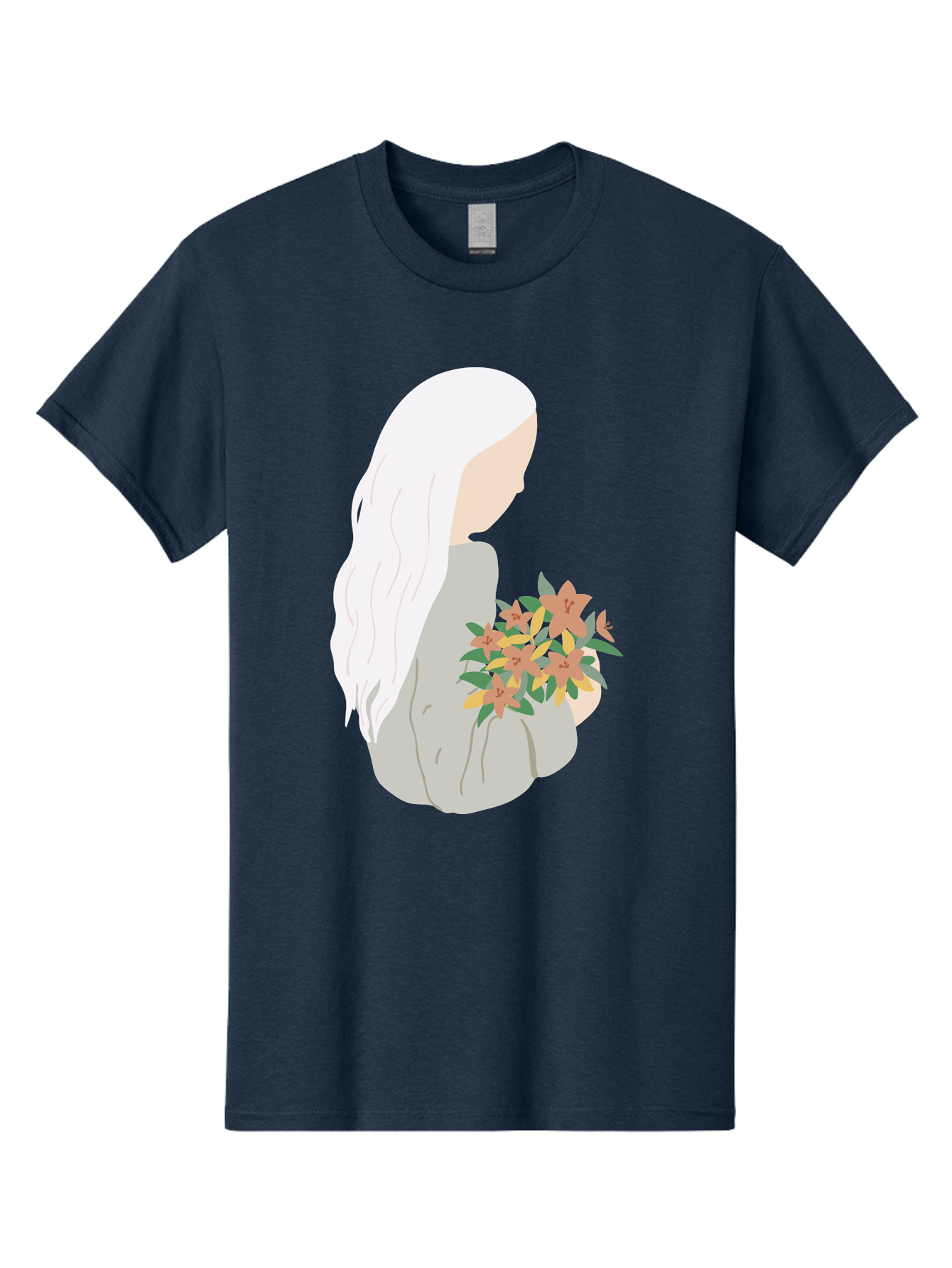 Woman-Holding-Flowers Men'S Graphic Tee, 100% Cotton, Comfortable Casual Summer Wear, Machine Washable, Woman With White Hair, Holding Flowers, Floral Arrangement, Pastel Colors, Gentle Gesture, Soft Illustration, Minimalist Style, Aae063 17