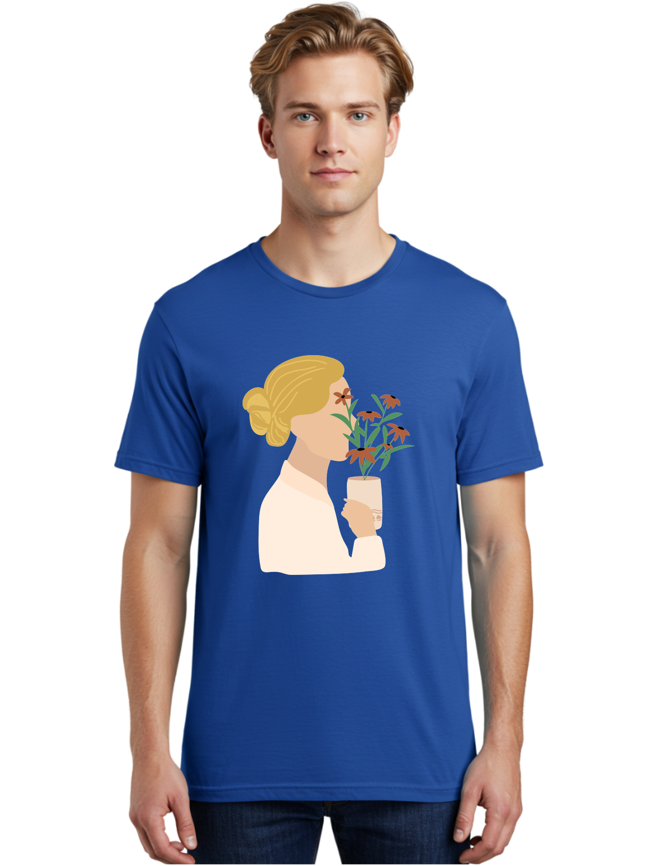 Woman-Smelling-Flowers Men'S Graphic Tee, 100% Cotton, Comfortable Casual Summer Wear, Machine Washable, Woman Smelling Flowers, Blossoming Blooms, Floral Beauty, Serene Atmosphere, Elegant Woman, Delicate Flowers, Calm Ambiance, Gentle Moment Aae069 24