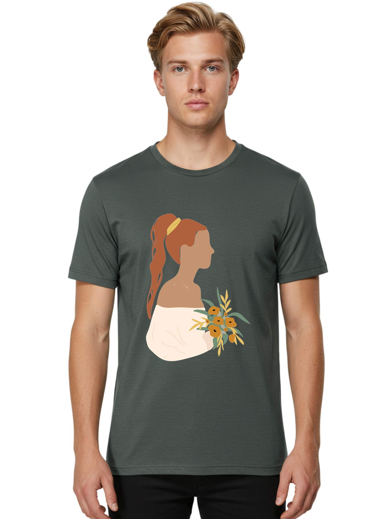 Woman-With-Bouquet Men'S Graphic Tee, 100% Cotton, Comfortable Casual Summer Wear, Machine Washable, Woman In White Dress, Bouquet Of Flowers, Brown Hair, Off-The-Shoulder Neckline, Elegant Hairstyle, Golden Hairband, Yellow Flowers, Aae070 14