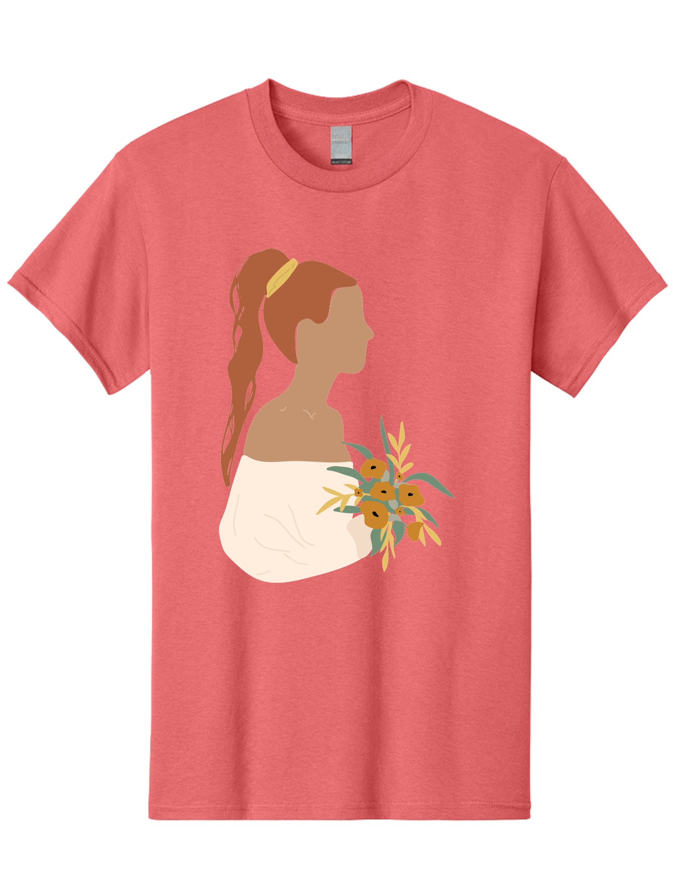 Woman-With-Bouquet Men'S Graphic Tee, 100% Cotton, Comfortable Casual Summer Wear, Machine Washable, Woman In White Dress, Bouquet Of Flowers, Brown Hair, Off-The-Shoulder Neckline, Elegant Hairstyle, Golden Hairband, Yellow Flowers, Aae070 7