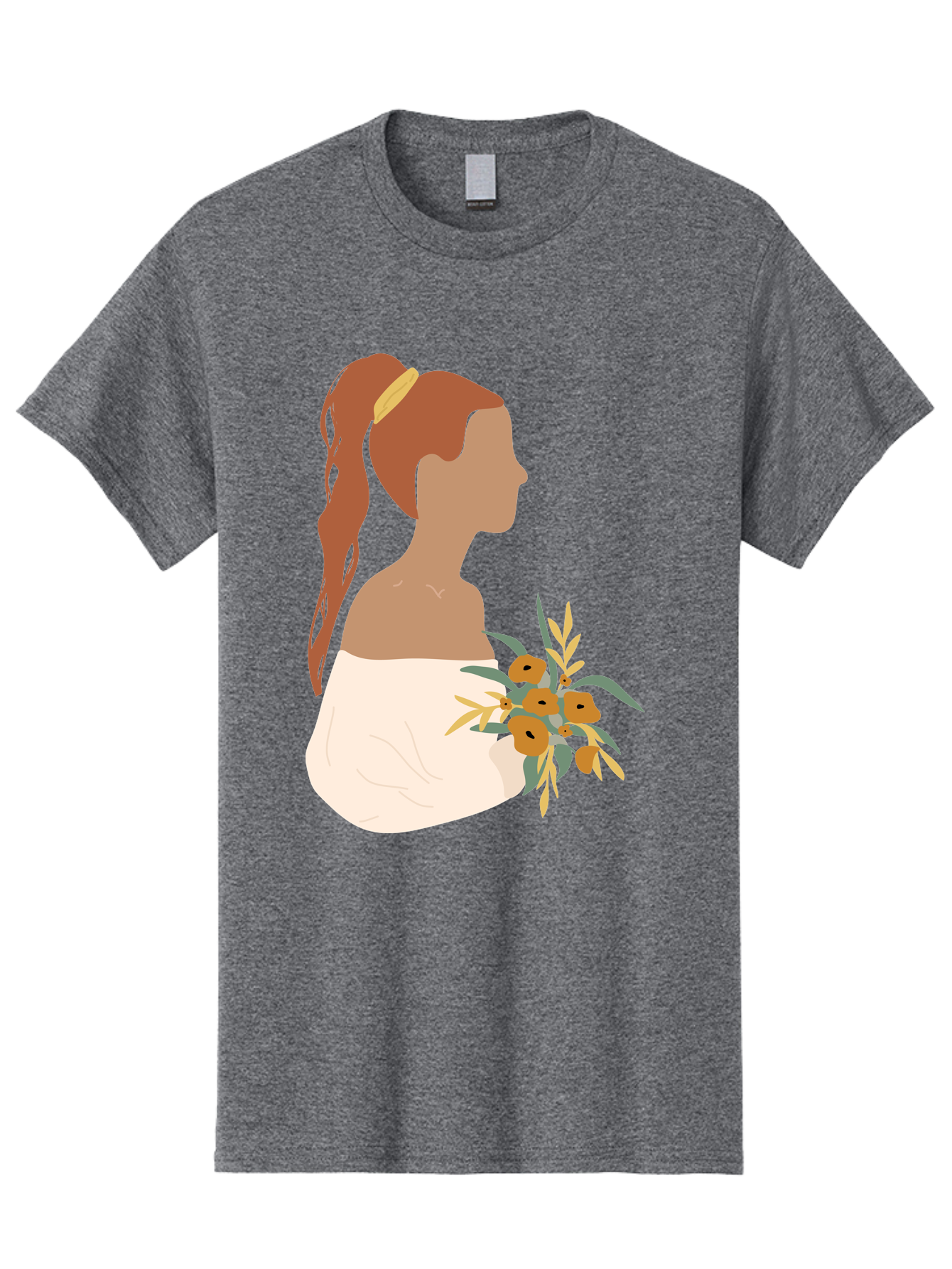 Woman-With-Bouquet Men'S Graphic Tee, 100% Cotton, Comfortable Casual Summer Wear, Machine Washable, Woman In White Dress, Bouquet Of Flowers, Brown Hair, Off-The-Shoulder Neckline, Elegant Hairstyle, Golden Hairband, Yellow Flowers, Aae070 23
