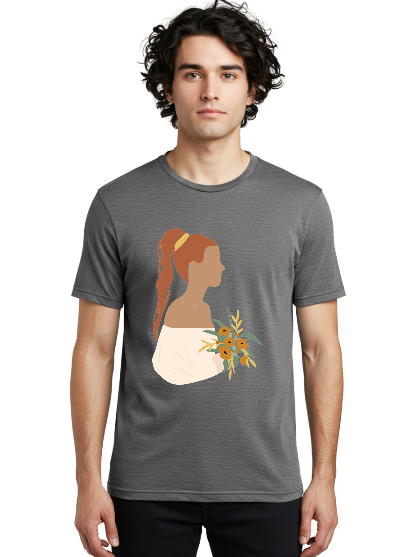 Woman-With-Bouquet Men'S Graphic Tee, 100% Cotton, Comfortable Casual Summer Wear, Machine Washable, Woman In White Dress, Bouquet Of Flowers, Brown Hair, Off-The-Shoulder Neckline, Elegant Hairstyle, Golden Hairband, Yellow Flowers, Aae070 24