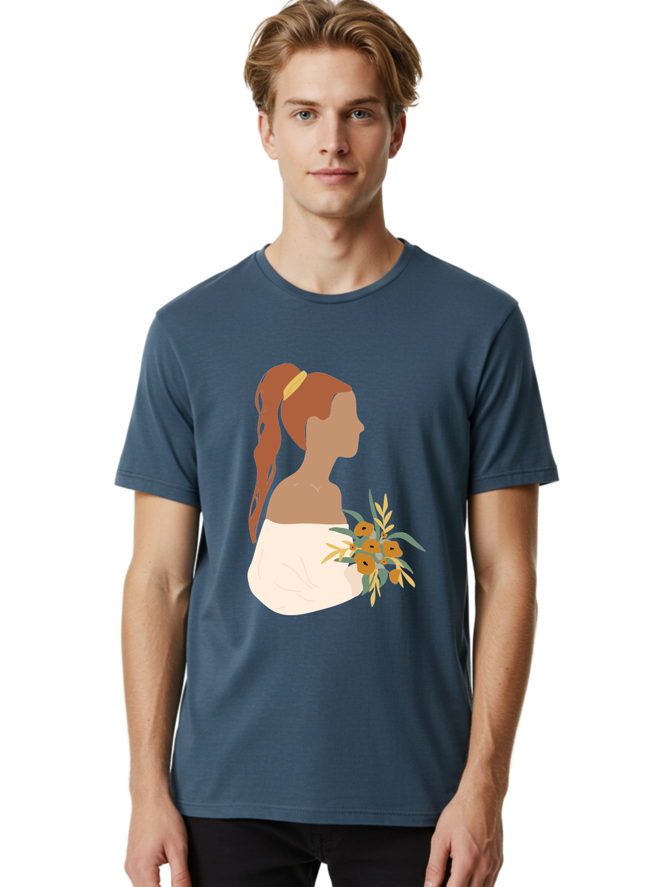Woman-With-Bouquet Men'S Graphic Tee, 100% Cotton, Comfortable Casual Summer Wear, Machine Washable, Woman In White Dress, Bouquet Of Flowers, Brown Hair, Off-The-Shoulder Neckline, Elegant Hairstyle, Golden Hairband, Yellow Flowers, Aae070 12