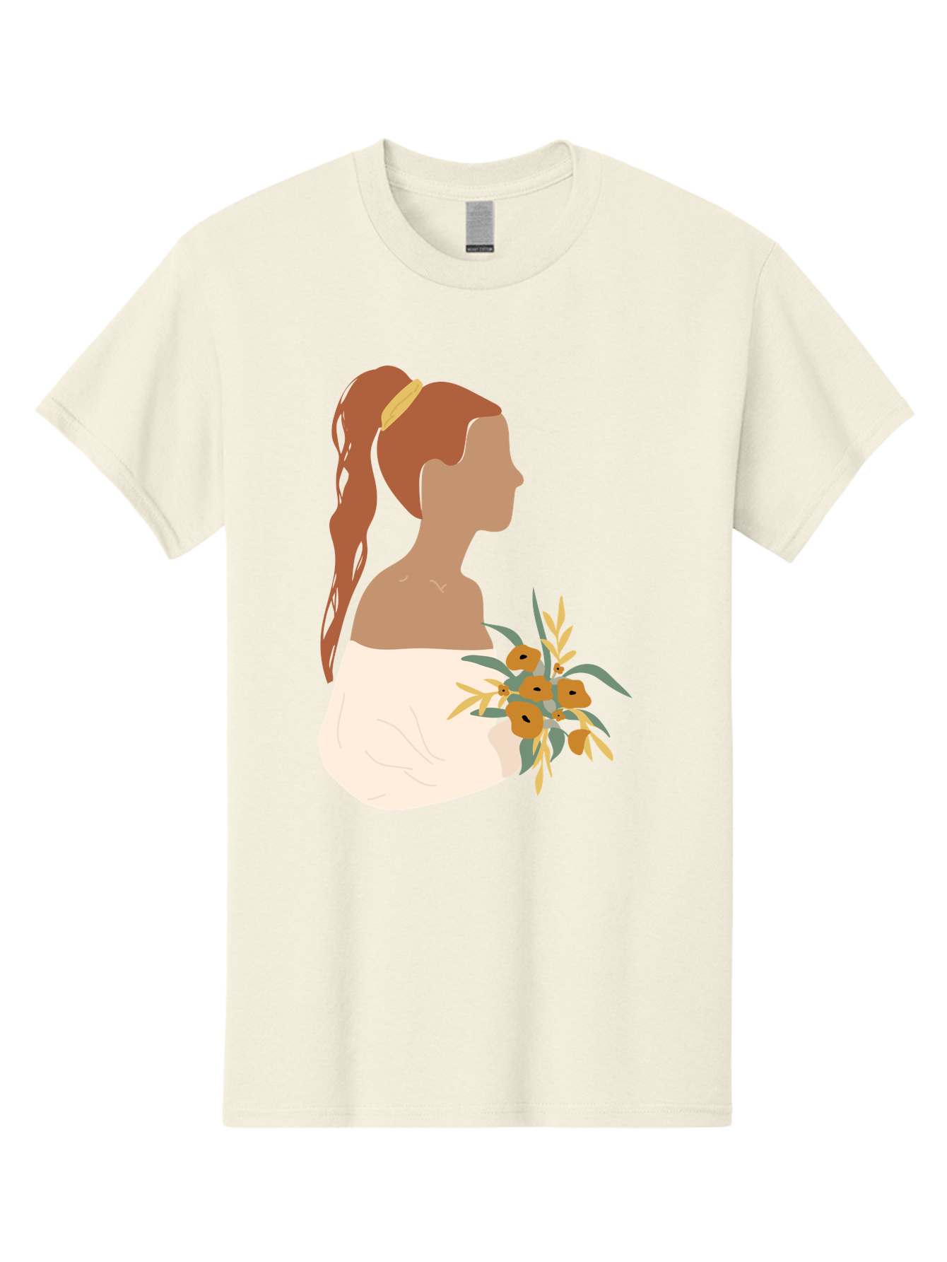 Woman-With-Bouquet Men'S Graphic Tee, 100% Cotton, Comfortable Casual Summer Wear, Machine Washable, Woman In White Dress, Bouquet Of Flowers, Brown Hair, Off-The-Shoulder Neckline, Elegant Hairstyle, Golden Hairband, Yellow Flowers, Aae070 3