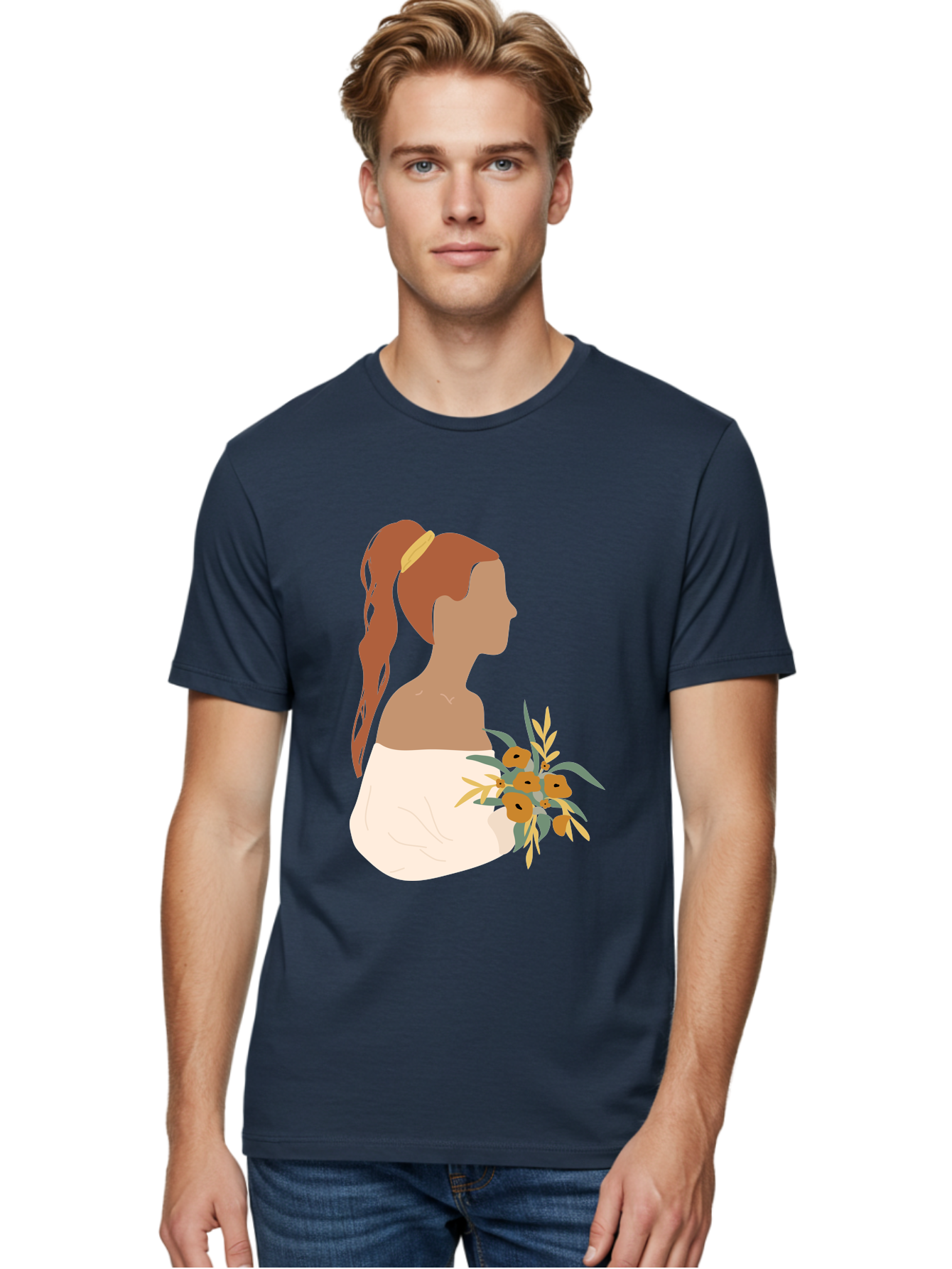 Woman-With-Bouquet Men'S Graphic Tee, 100% Cotton, Comfortable Casual Summer Wear, Machine Washable, Woman In White Dress, Bouquet Of Flowers, Brown Hair, Off-The-Shoulder Neckline, Elegant Hairstyle, Golden Hairband, Yellow Flowers, Aae070 26