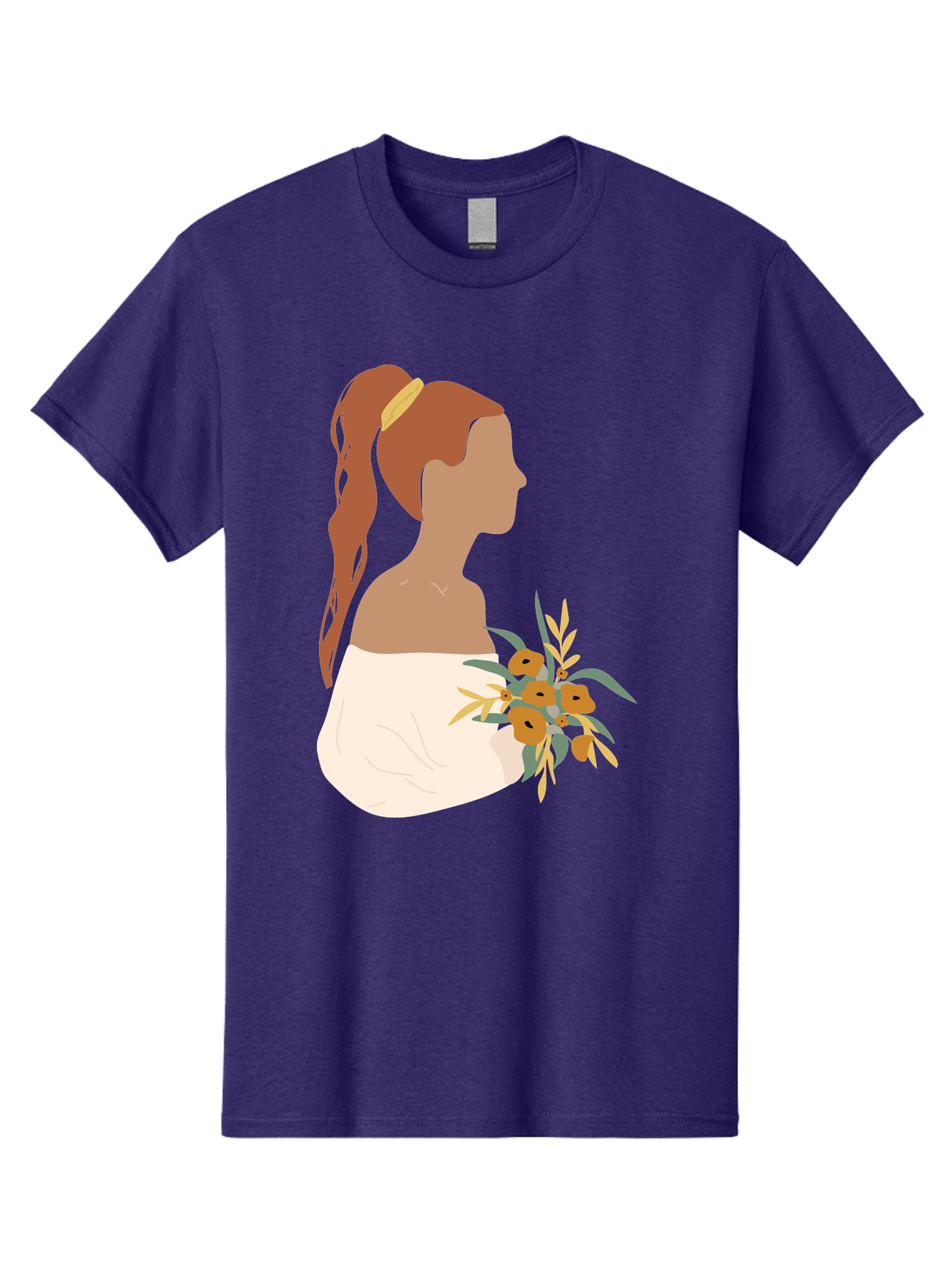 Woman-With-Bouquet Men'S Graphic Tee, 100% Cotton, Comfortable Casual Summer Wear, Machine Washable, Woman In White Dress, Bouquet Of Flowers, Brown Hair, Off-The-Shoulder Neckline, Elegant Hairstyle, Golden Hairband, Yellow Flowers, Aae070 19