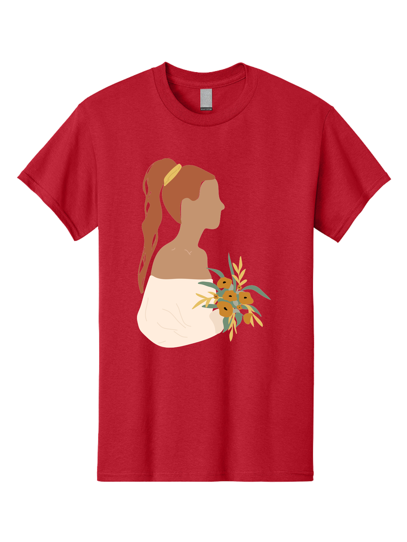Woman-With-Bouquet Men'S Graphic Tee, 100% Cotton, Comfortable Casual Summer Wear, Machine Washable, Woman In White Dress, Bouquet Of Flowers, Brown Hair, Off-The-Shoulder Neckline, Elegant Hairstyle, Golden Hairband, Yellow Flowers, Aae070 15