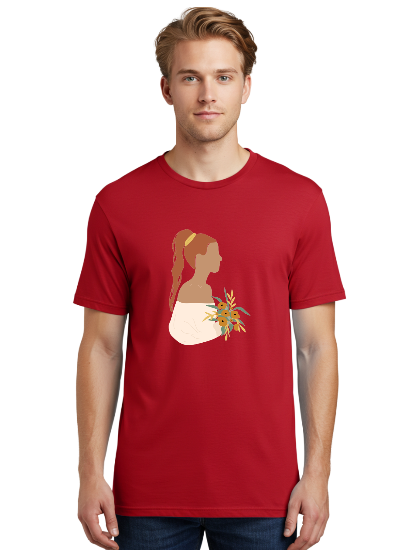 Woman-With-Bouquet Men'S Graphic Tee, 100% Cotton, Comfortable Casual Summer Wear, Machine Washable, Woman In White Dress, Bouquet Of Flowers, Brown Hair, Off-The-Shoulder Neckline, Elegant Hairstyle, Golden Hairband, Yellow Flowers, Aae070 16