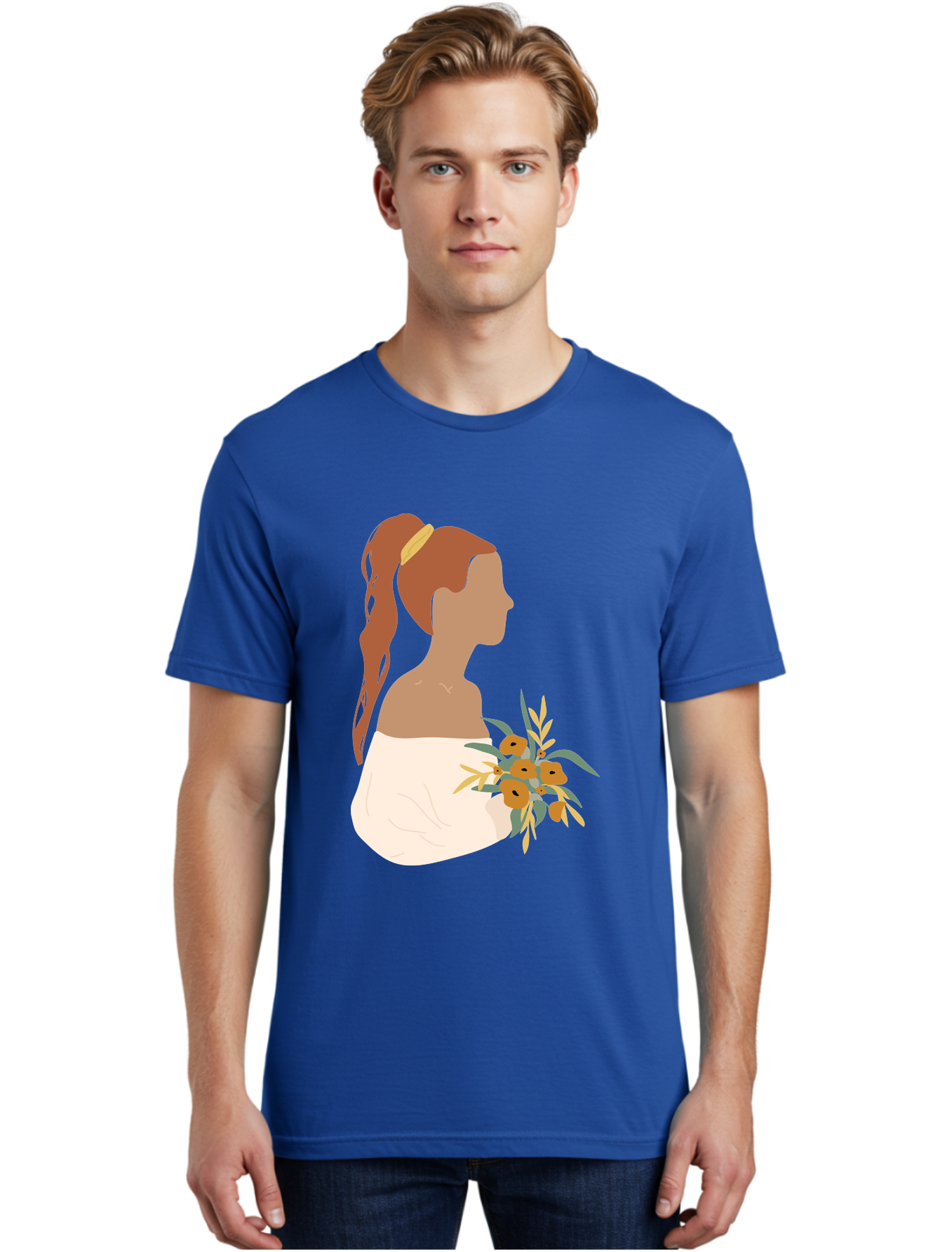 Woman-With-Bouquet Men'S Graphic Tee, 100% Cotton, Comfortable Casual Summer Wear, Machine Washable, Woman In White Dress, Bouquet Of Flowers, Brown Hair, Off-The-Shoulder Neckline, Elegant Hairstyle, Golden Hairband, Yellow Flowers, Aae070 2