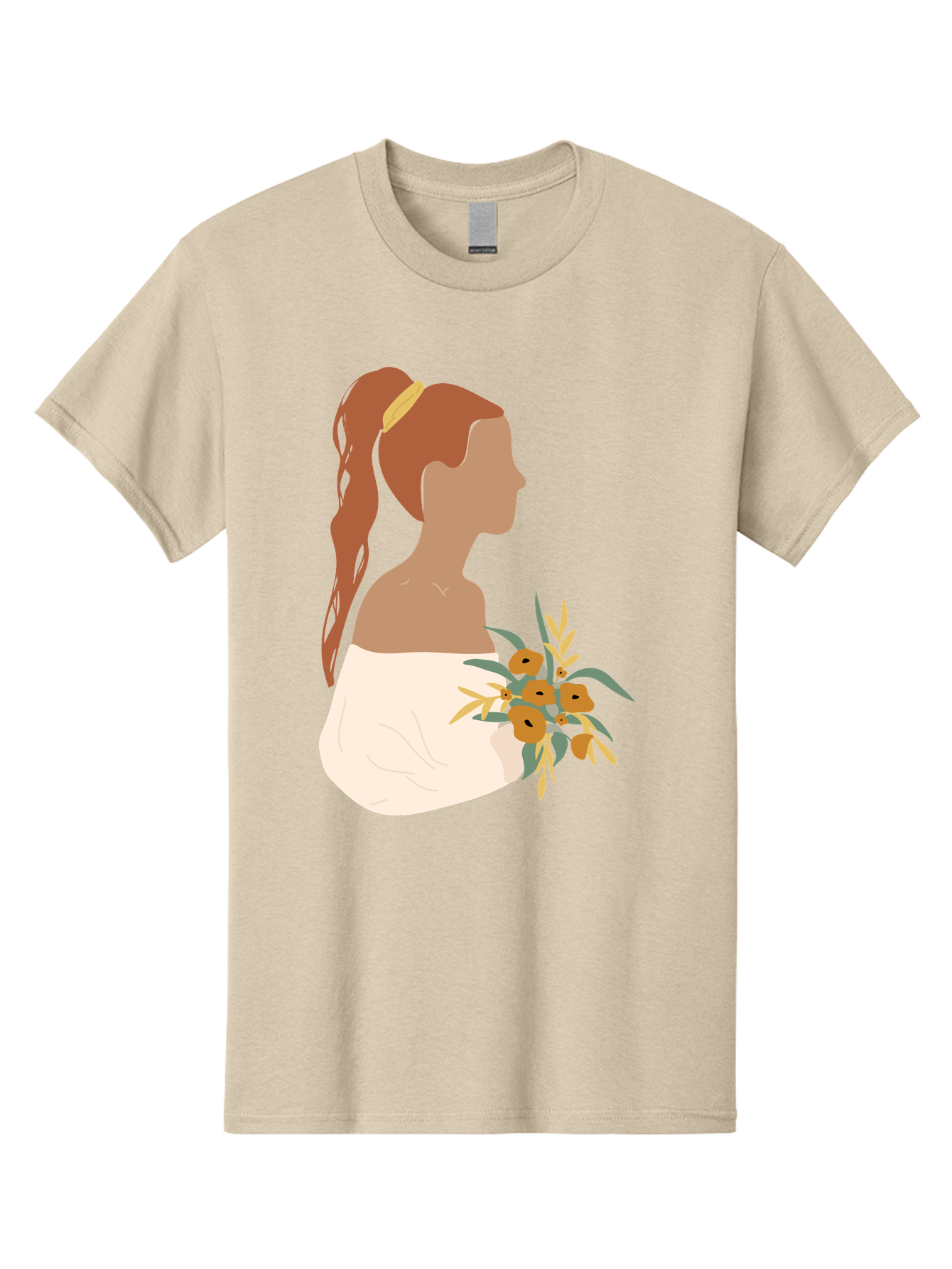 Woman-With-Bouquet Men'S Graphic Tee, 100% Cotton, Comfortable Casual Summer Wear, Machine Washable, Woman In White Dress, Bouquet Of Flowers, Brown Hair, Off-The-Shoulder Neckline, Elegant Hairstyle, Golden Hairband, Yellow Flowers, Aae070 5
