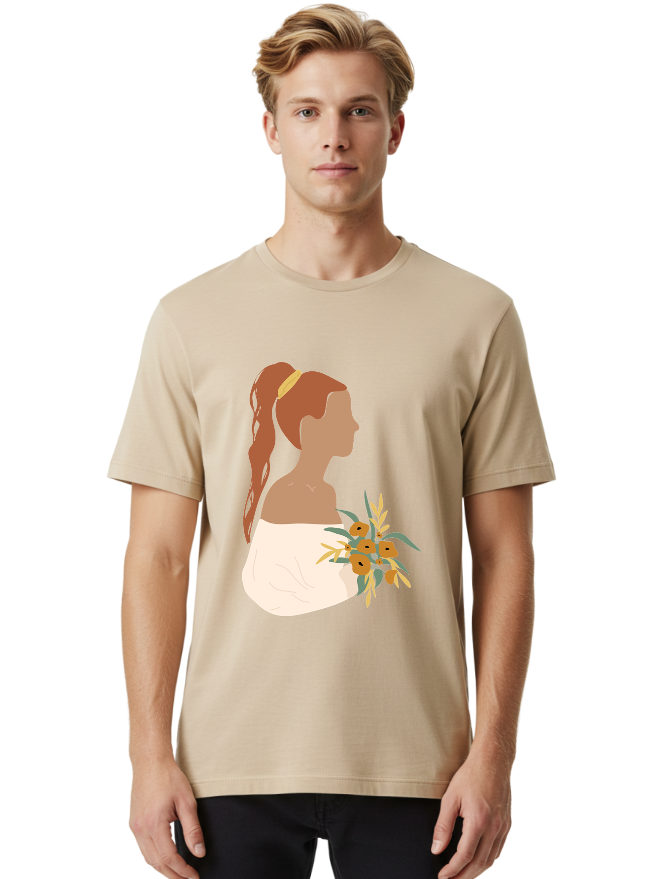 Woman-With-Bouquet Men'S Graphic Tee, 100% Cotton, Comfortable Casual Summer Wear, Machine Washable, Woman In White Dress, Bouquet Of Flowers, Brown Hair, Off-The-Shoulder Neckline, Elegant Hairstyle, Golden Hairband, Yellow Flowers, Aae070 6