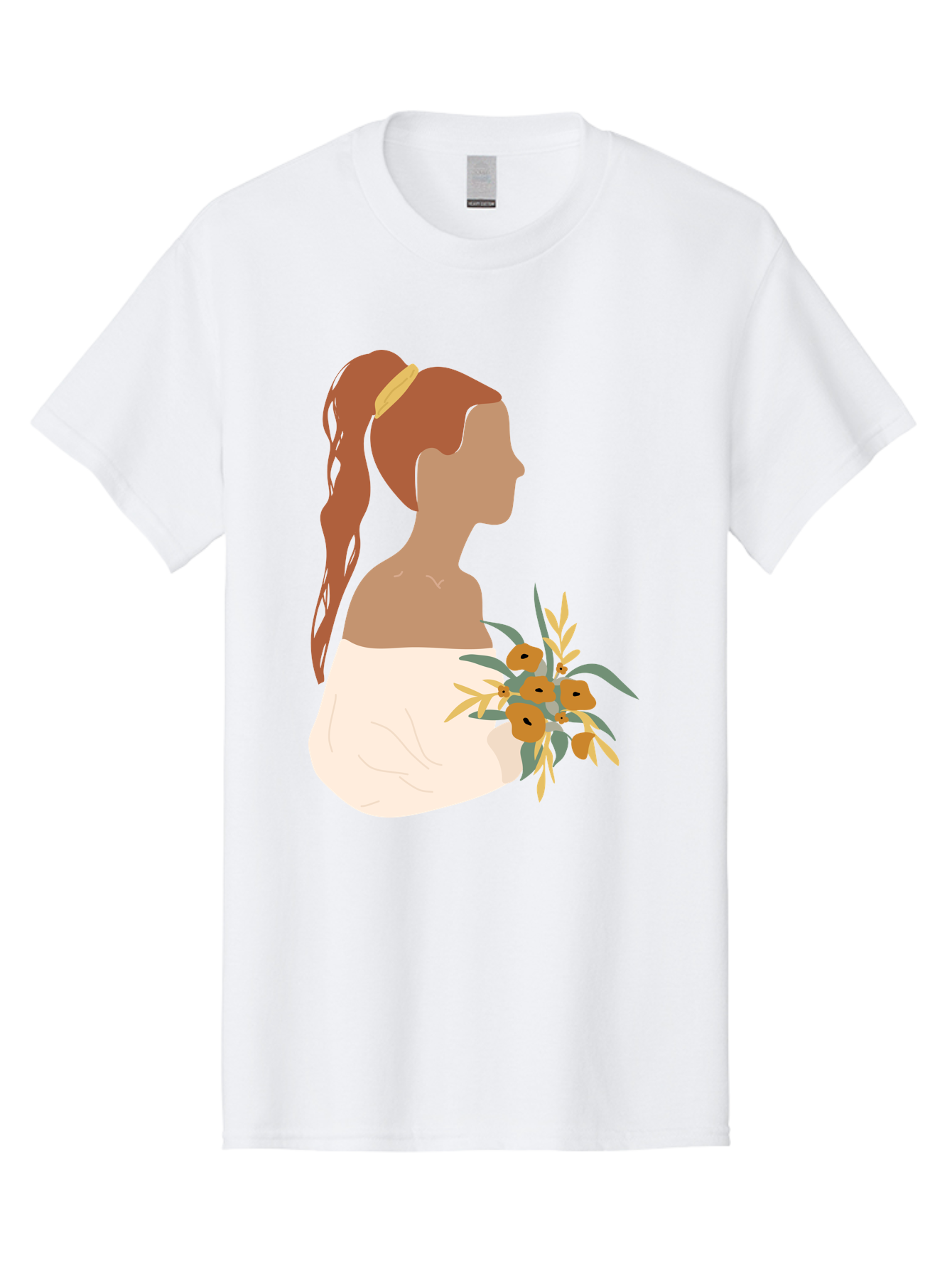 Woman-With-Bouquet Men'S Graphic Tee, 100% Cotton, Comfortable Casual Summer Wear, Machine Washable, Woman In White Dress, Bouquet Of Flowers, Brown Hair, Off-The-Shoulder Neckline, Elegant Hairstyle, Golden Hairband, Yellow Flowers, Aae070 21