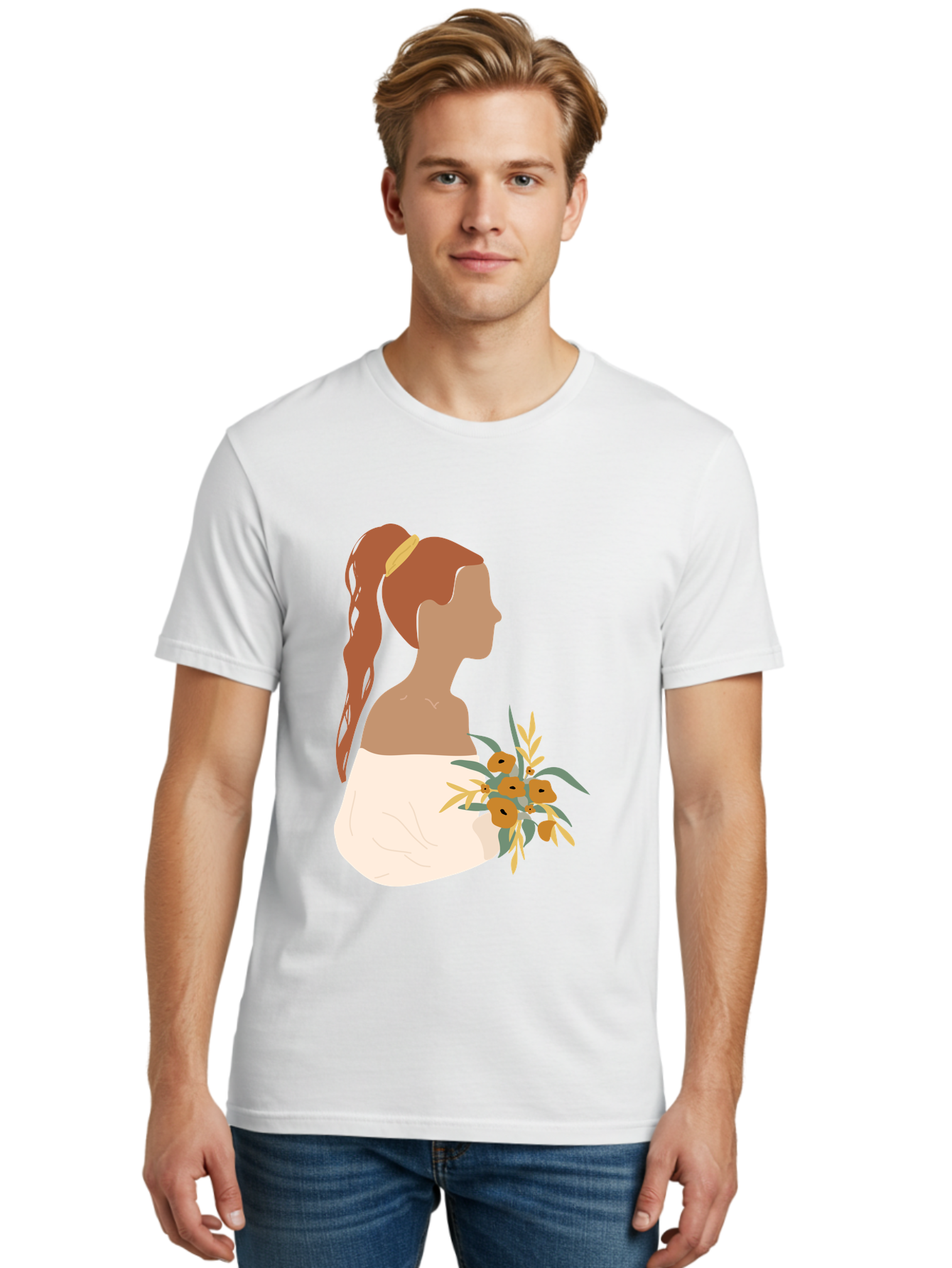 Woman-With-Bouquet Men'S Graphic Tee, 100% Cotton, Comfortable Casual Summer Wear, Machine Washable, Woman In White Dress, Bouquet Of Flowers, Brown Hair, Off-The-Shoulder Neckline, Elegant Hairstyle, Golden Hairband, Yellow Flowers, Aae070 22