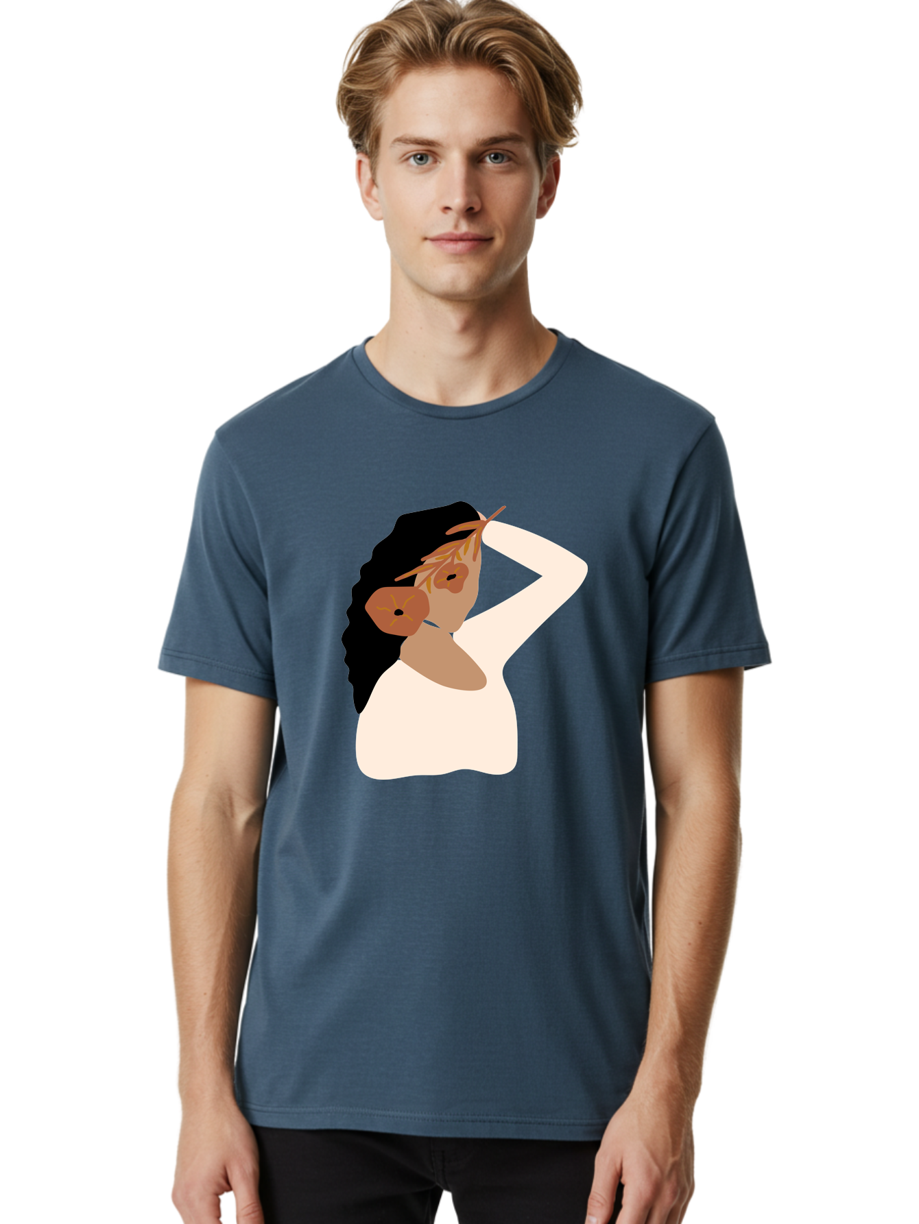 Woman-With-Flower-Earrings Men'S Graphic Tee, 100% Cotton, Comfortable Casual Summer Wear, Machine Washable, Woman With Comb In Hair, Stylized Portrait, Minimalist Art, Female Figure, Hair Accessory, Abstract Style, Modern Illustration, Aae072 30