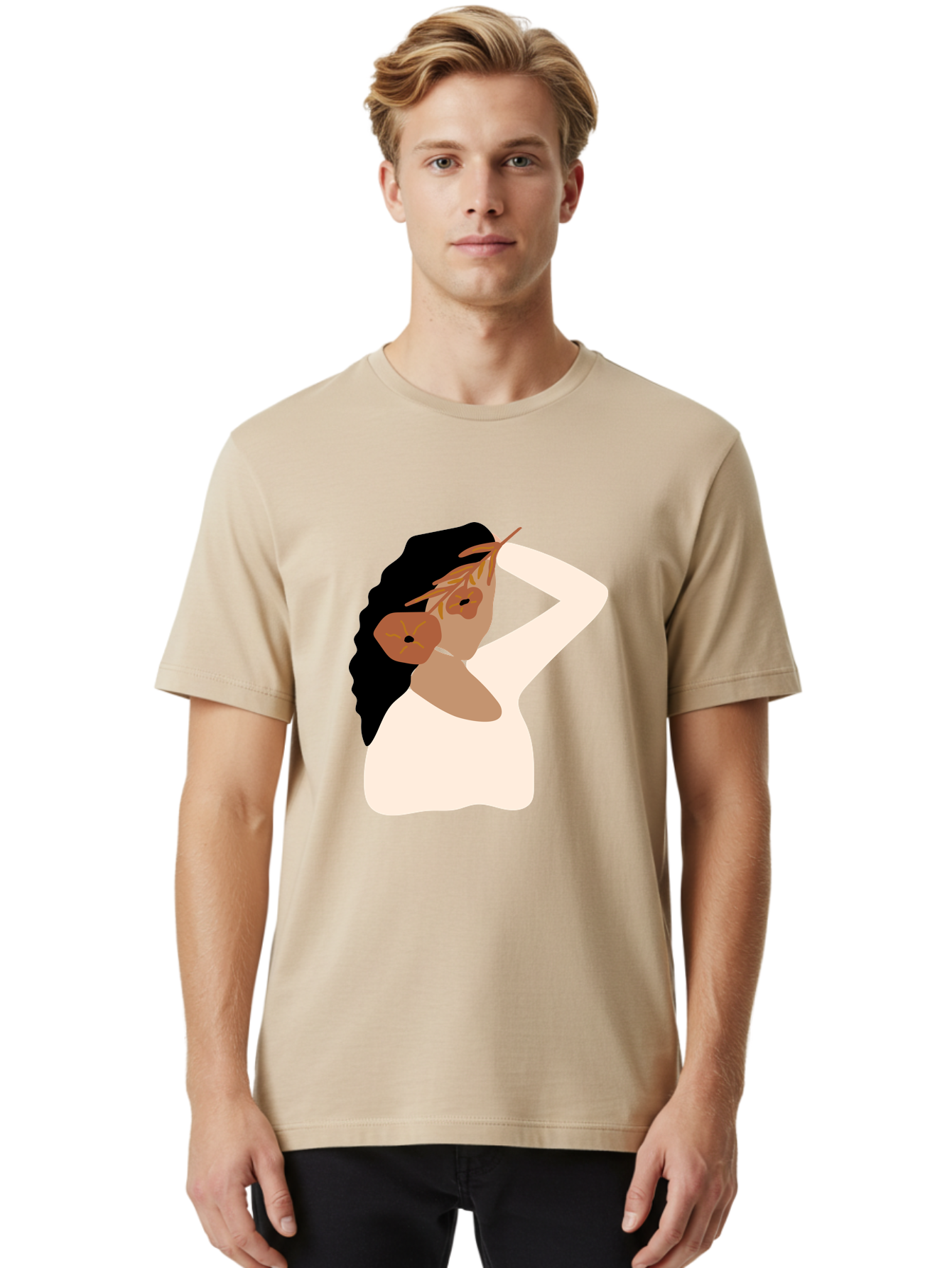 Woman-With-Flower-Earrings Men'S Graphic Tee, 100% Cotton, Comfortable Casual Summer Wear, Machine Washable, Woman With Comb In Hair, Stylized Portrait, Minimalist Art, Female Figure, Hair Accessory, Abstract Style, Modern Illustration, Aae072 18
