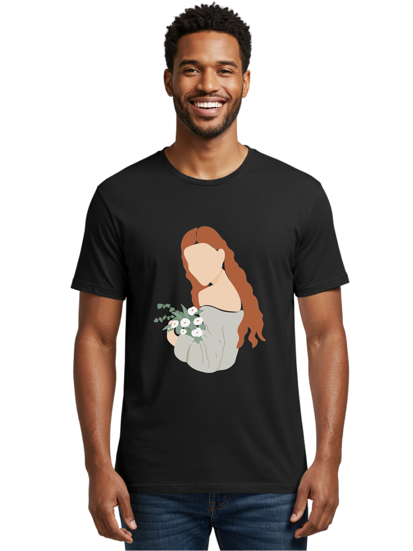 Woman-With-Flowers-1 Men'S Graphic Tee, 100% Cotton, Comfortable Casual Summer Wear, Machine Washable, Woman Holding Flowers, White Flowers, Long Red Hair, Braided Hairstyle, Grey Dress, Elegant, Femininity, Simplicity, Floral Arrangement, Aae073 2