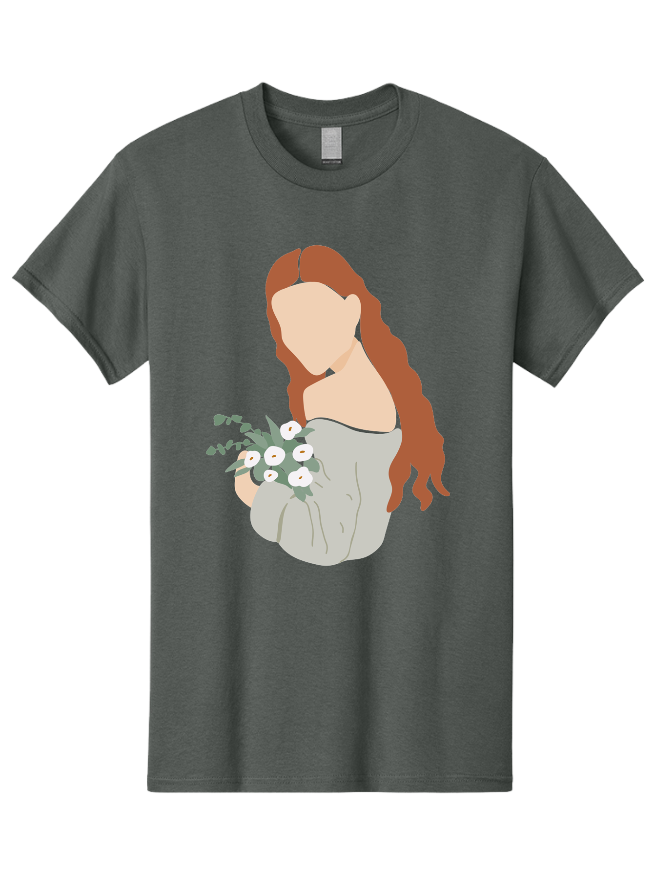 Woman-With-Flowers-1 Men'S Graphic Tee, 100% Cotton, Comfortable Casual Summer Wear, Machine Washable, Woman Holding Flowers, White Flowers, Long Red Hair, Braided Hairstyle, Grey Dress, Elegant, Femininity, Simplicity, Floral Arrangement, Aae073 5