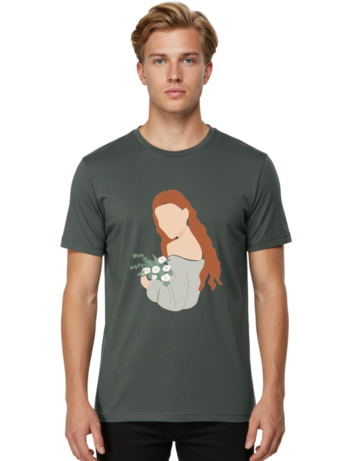 Woman-With-Flowers-1 Men'S Graphic Tee, 100% Cotton, Comfortable Casual Summer Wear, Machine Washable, Woman Holding Flowers, White Flowers, Long Red Hair, Braided Hairstyle, Grey Dress, Elegant, Femininity, Simplicity, Floral Arrangement, Aae073 6