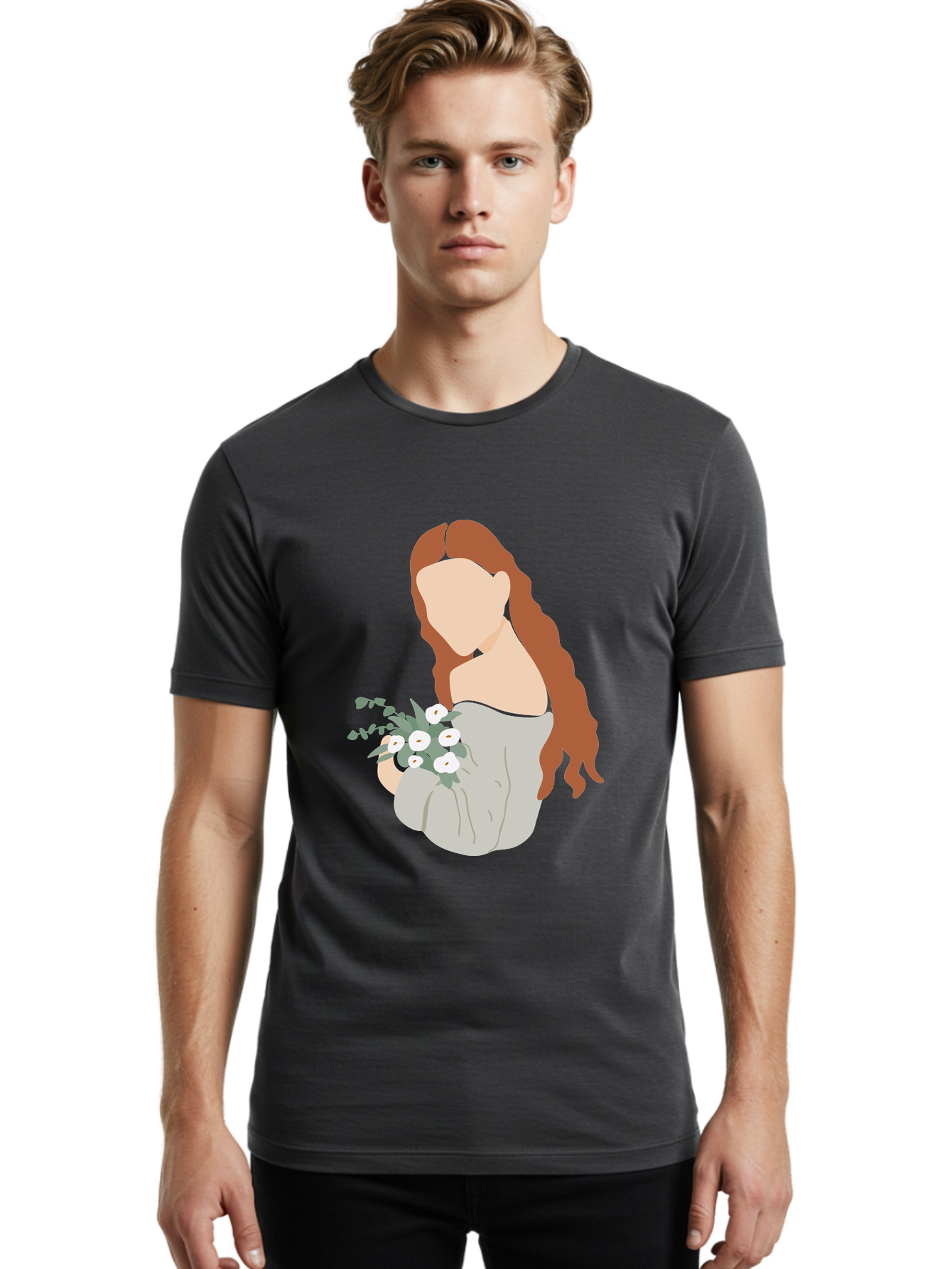 Woman-With-Flowers-1 Men'S Graphic Tee, 100% Cotton, Comfortable Casual Summer Wear, Machine Washable, Woman Holding Flowers, White Flowers, Long Red Hair, Braided Hairstyle, Grey Dress, Elegant, Femininity, Simplicity, Floral Arrangement, Aae073 20