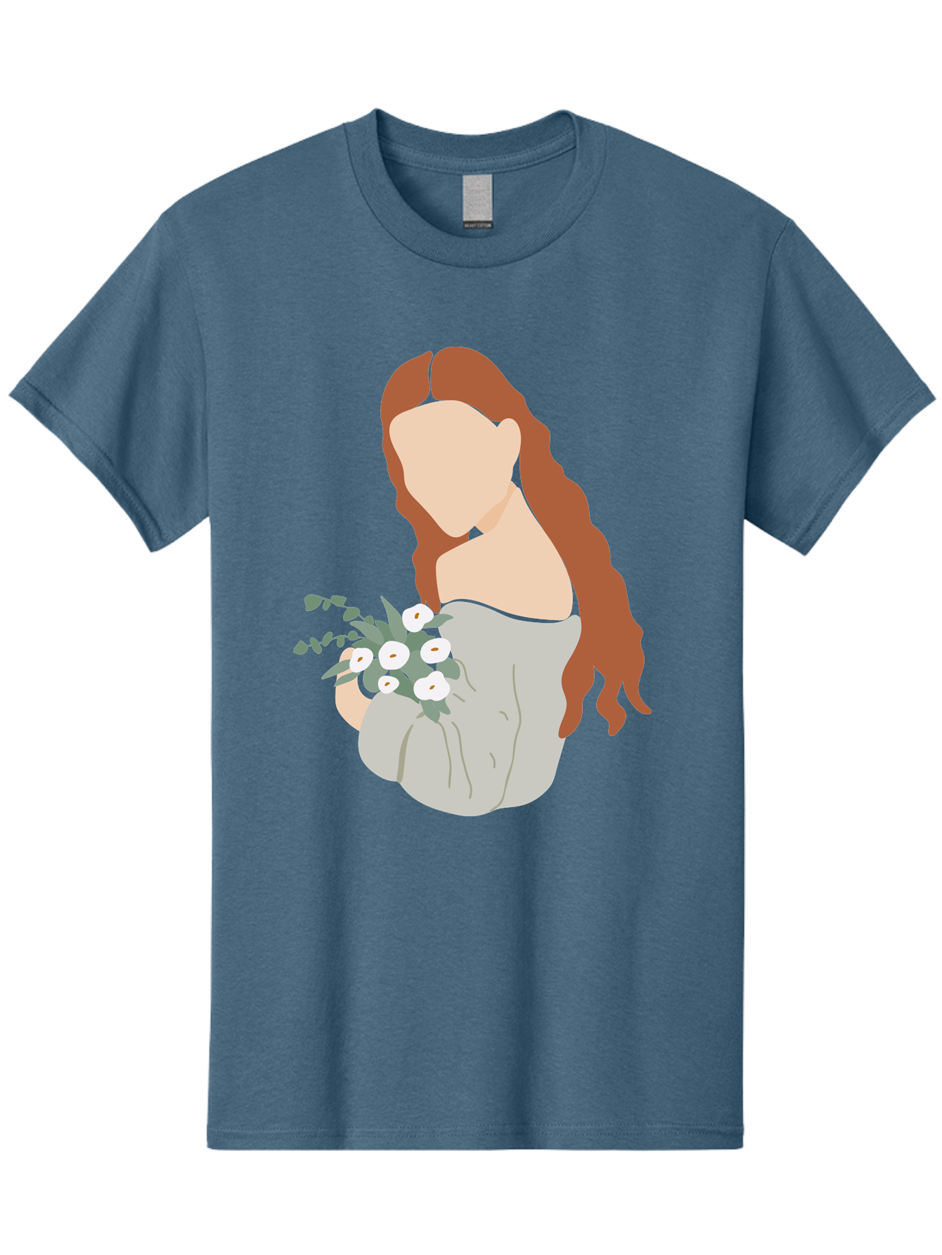 Woman-With-Flowers-1 Men'S Graphic Tee, 100% Cotton, Comfortable Casual Summer Wear, Machine Washable, Woman Holding Flowers, White Flowers, Long Red Hair, Braided Hairstyle, Grey Dress, Elegant, Femininity, Simplicity, Floral Arrangement, Aae073 3