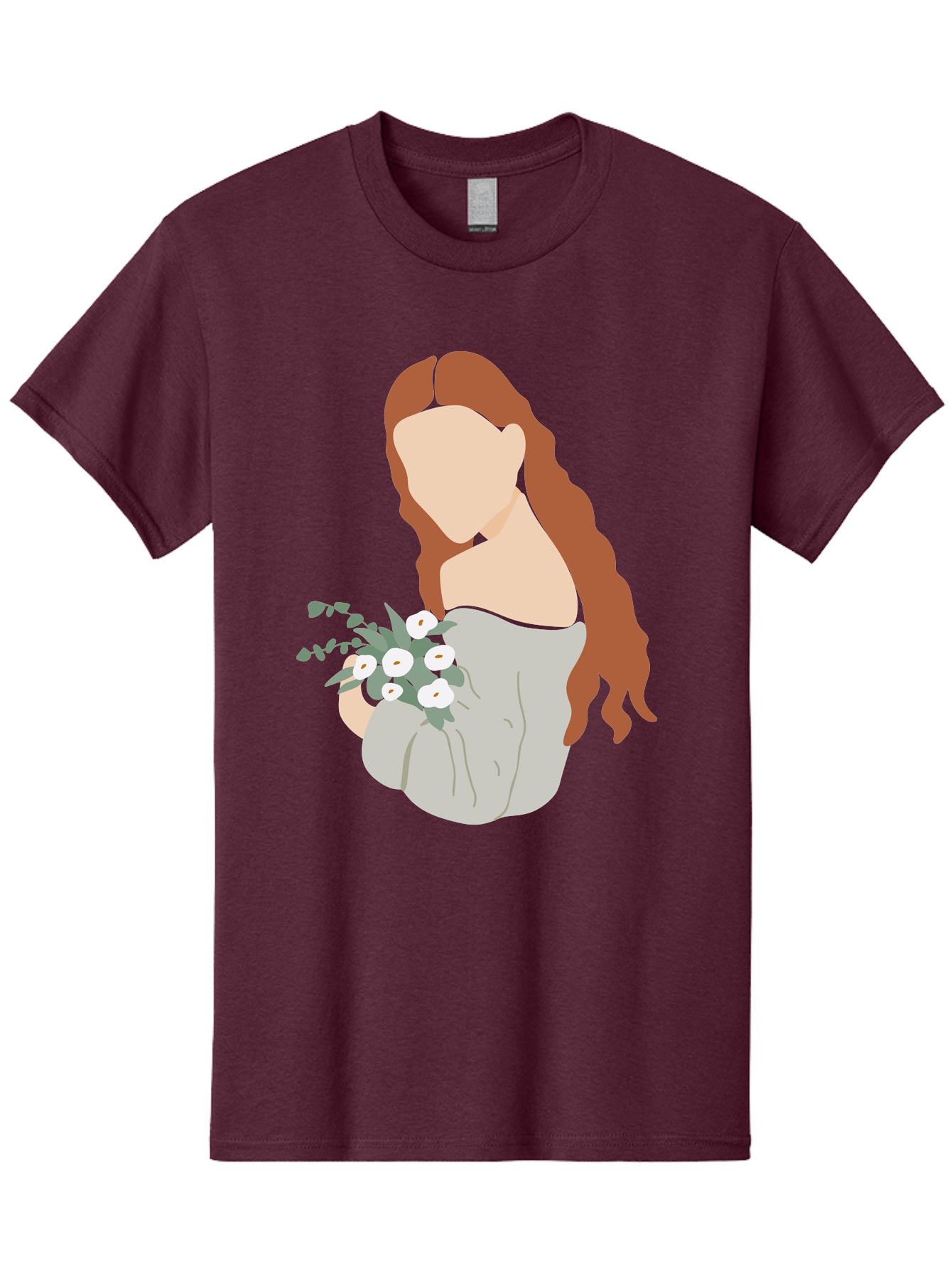 Woman-With-Flowers-1 Men'S Graphic Tee, 100% Cotton, Comfortable Casual Summer Wear, Machine Washable, Woman Holding Flowers, White Flowers, Long Red Hair, Braided Hairstyle, Grey Dress, Elegant, Femininity, Simplicity, Floral Arrangement, Aae073 27