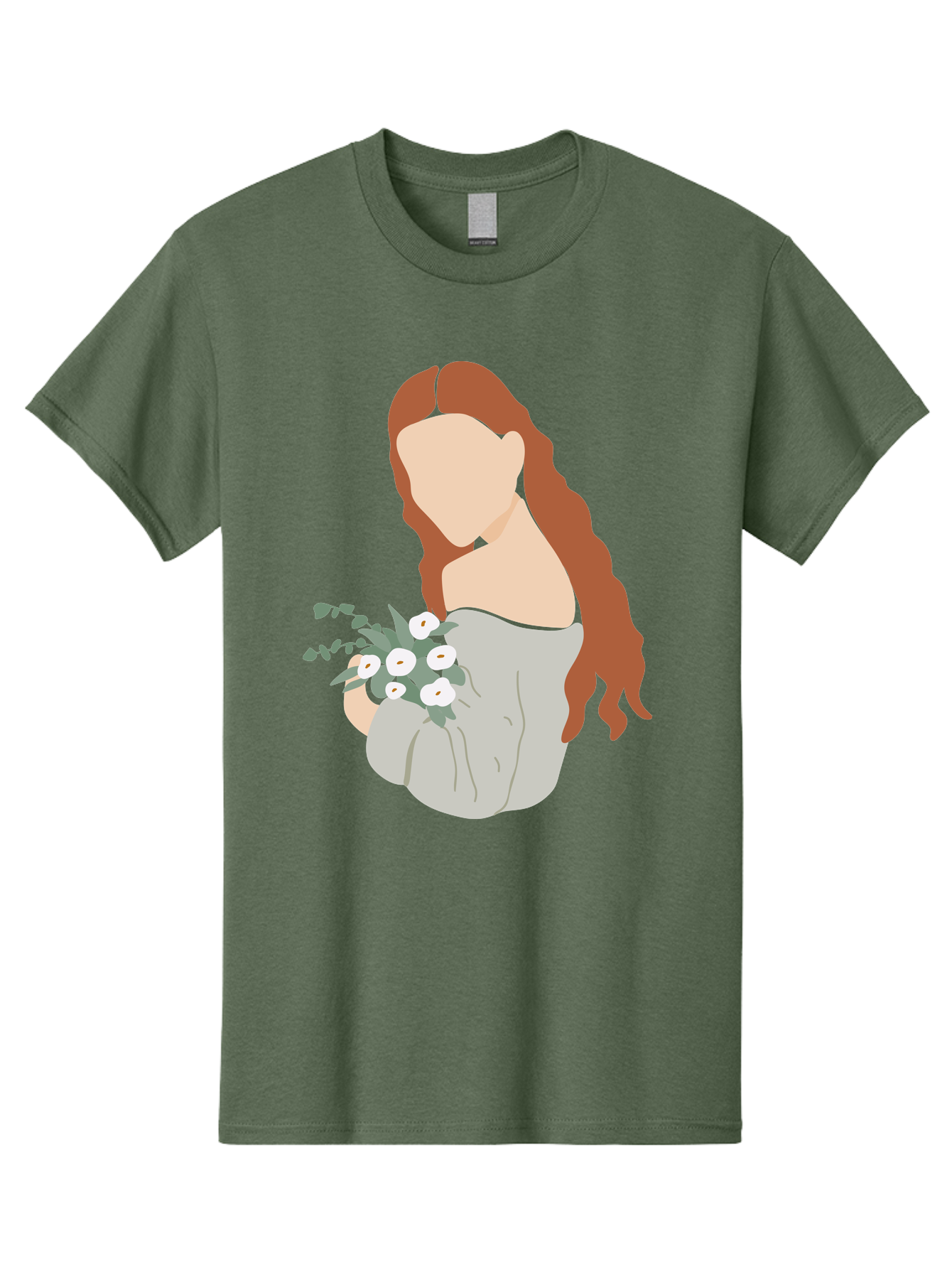 Woman-With-Flowers-1 Men'S Graphic Tee, 100% Cotton, Comfortable Casual Summer Wear, Machine Washable, Woman Holding Flowers, White Flowers, Long Red Hair, Braided Hairstyle, Grey Dress, Elegant, Femininity, Simplicity, Floral Arrangement, Aae073 25