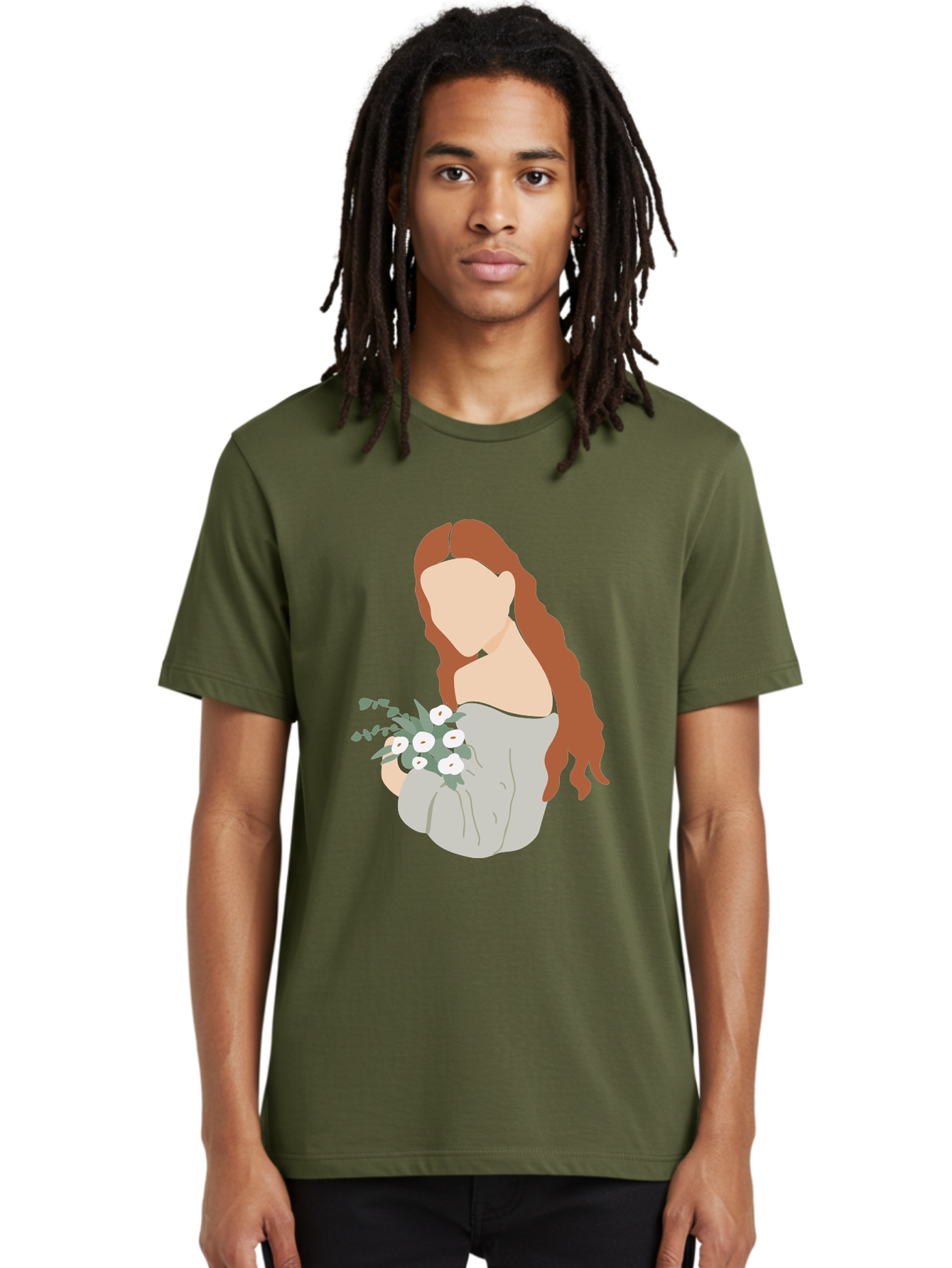 Woman-With-Flowers-1 Men'S Graphic Tee, 100% Cotton, Comfortable Casual Summer Wear, Machine Washable, Woman Holding Flowers, White Flowers, Long Red Hair, Braided Hairstyle, Grey Dress, Elegant, Femininity, Simplicity, Floral Arrangement, Aae073 26