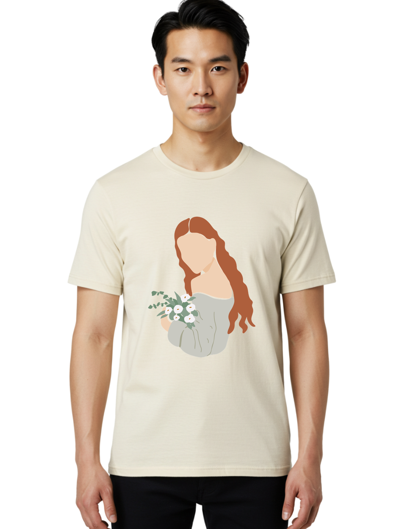 Woman-With-Flowers-1 Men'S Graphic Tee, 100% Cotton, Comfortable Casual Summer Wear, Machine Washable, Woman Holding Flowers, White Flowers, Long Red Hair, Braided Hairstyle, Grey Dress, Elegant, Femininity, Simplicity, Floral Arrangement, Aae073 30