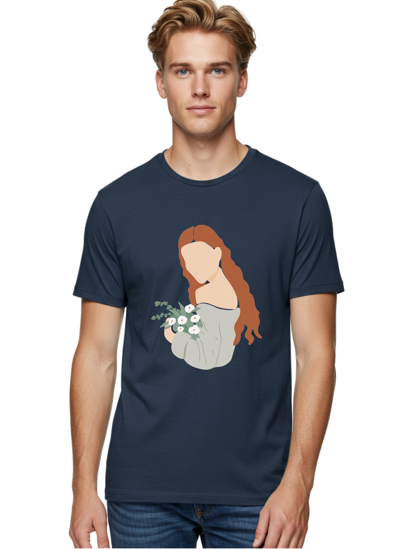 Woman-With-Flowers-1 Men'S Graphic Tee, 100% Cotton, Comfortable Casual Summer Wear, Machine Washable, Woman Holding Flowers, White Flowers, Long Red Hair, Braided Hairstyle, Grey Dress, Elegant, Femininity, Simplicity, Floral Arrangement, Aae073 18