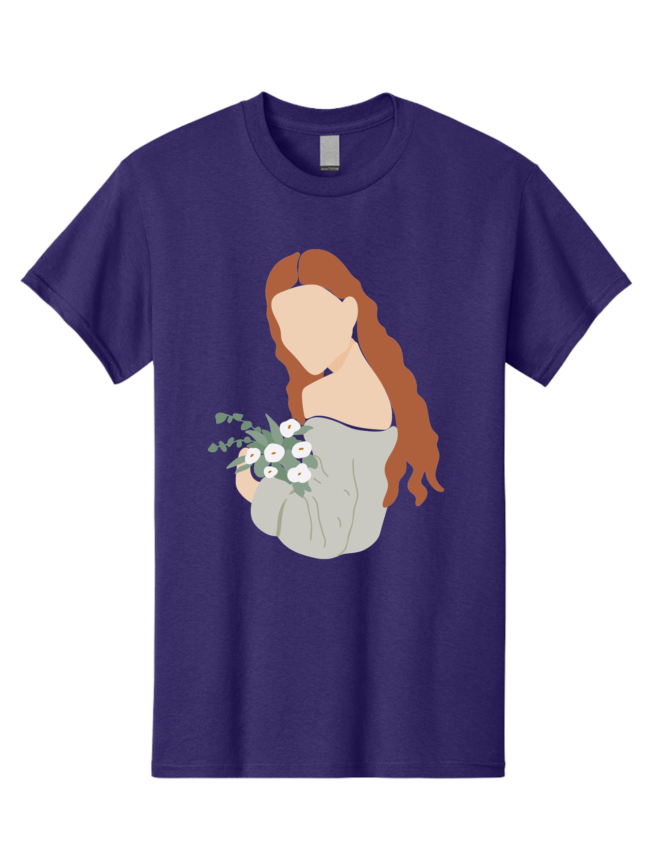 Woman-With-Flowers-1 Men'S Graphic Tee, 100% Cotton, Comfortable Casual Summer Wear, Machine Washable, Woman Holding Flowers, White Flowers, Long Red Hair, Braided Hairstyle, Grey Dress, Elegant, Femininity, Simplicity, Floral Arrangement, Aae073 21