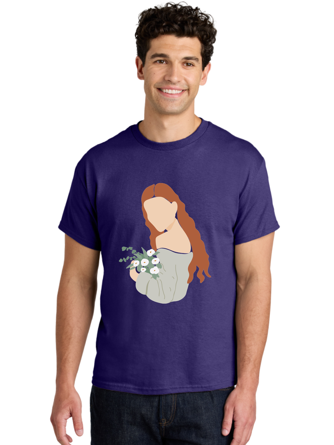 Woman-With-Flowers-1 Men'S Graphic Tee, 100% Cotton, Comfortable Casual Summer Wear, Machine Washable, Woman Holding Flowers, White Flowers, Long Red Hair, Braided Hairstyle, Grey Dress, Elegant, Femininity, Simplicity, Floral Arrangement, Aae073 22