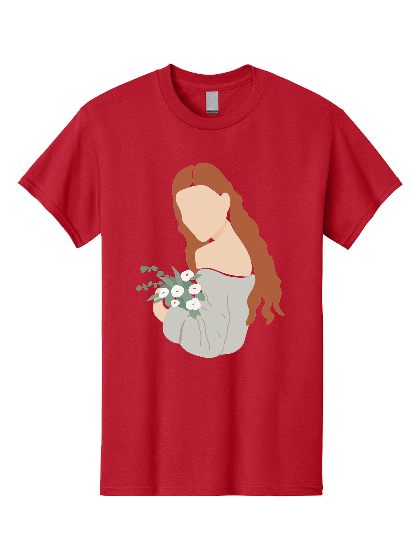 Woman-With-Flowers-1 Men'S Graphic Tee, 100% Cotton, Comfortable Casual Summer Wear, Machine Washable, Woman Holding Flowers, White Flowers, Long Red Hair, Braided Hairstyle, Grey Dress, Elegant, Femininity, Simplicity, Floral Arrangement, Aae073 7