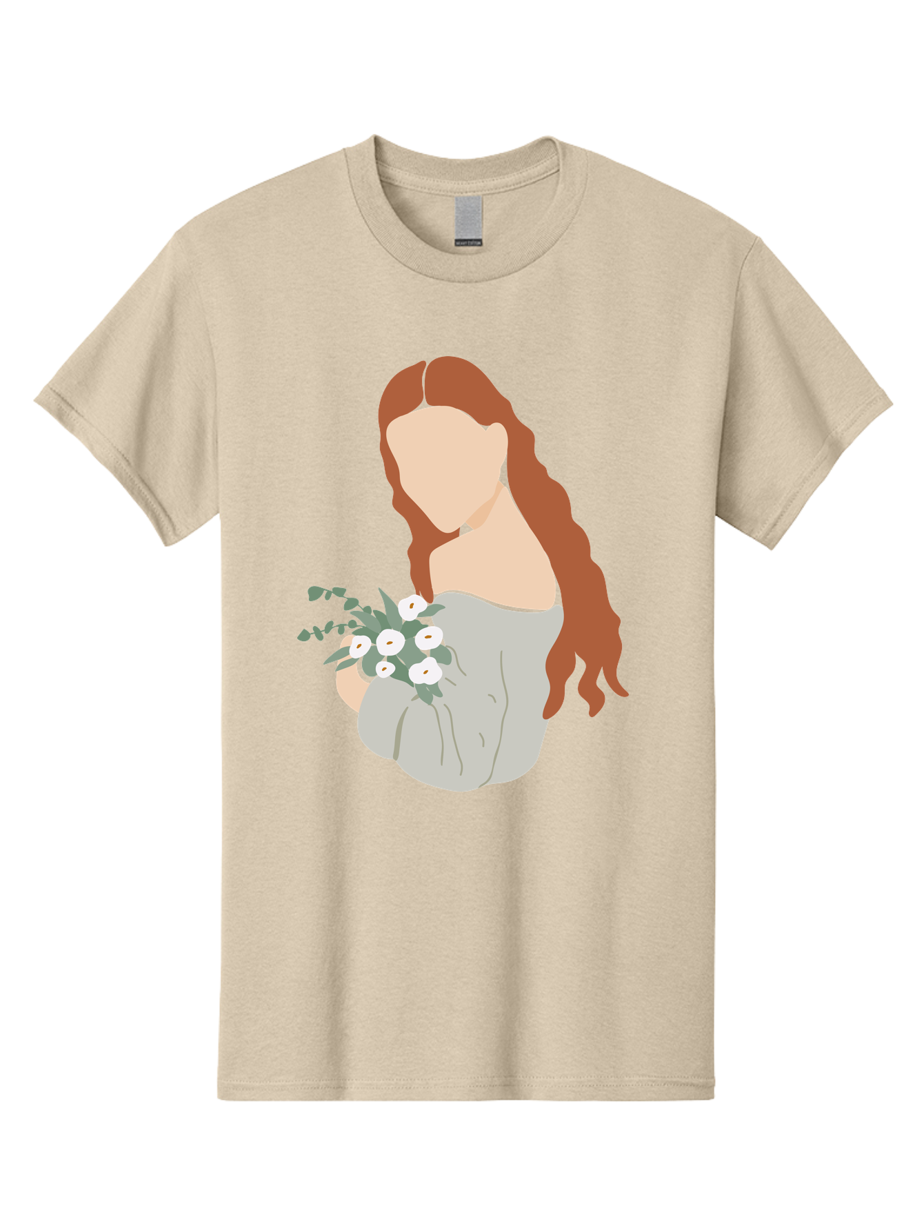 Woman-With-Flowers-1 Men'S Graphic Tee, 100% Cotton, Comfortable Casual Summer Wear, Machine Washable, Woman Holding Flowers, White Flowers, Long Red Hair, Braided Hairstyle, Grey Dress, Elegant, Femininity, Simplicity, Floral Arrangement, Aae073 13