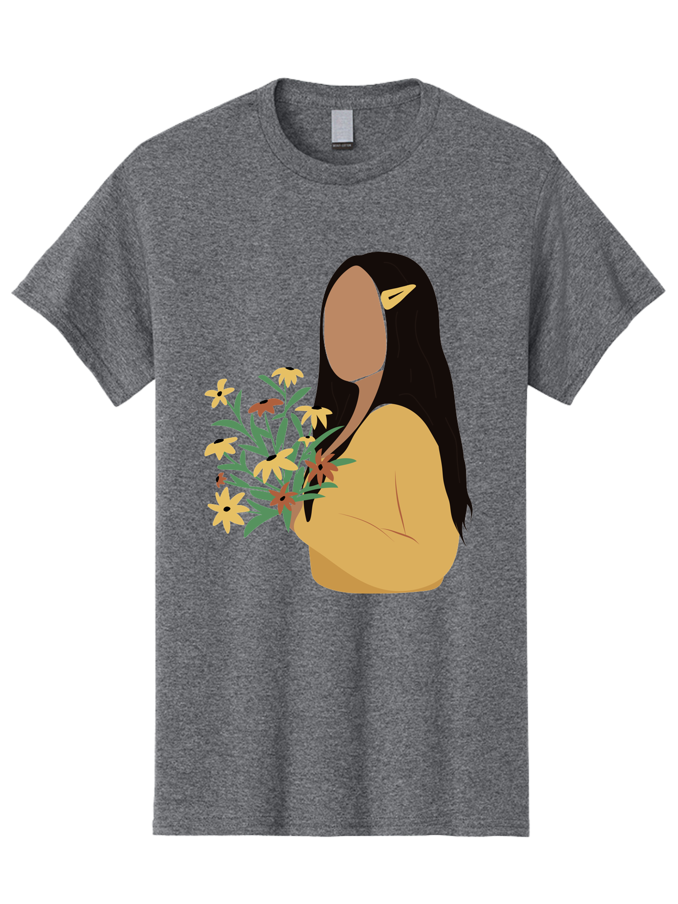 Woman-With-Flowers Men'S Graphic Tee, 100% Cotton, Comfortable Casual Summer Wear, Machine Washable, Woman Holding Flowers, Simple Illustration, Minimalist Design, Yellow Flowers, Long Black Hair, Yellow Shirt, Elegance, Simplicity, Aae074 19