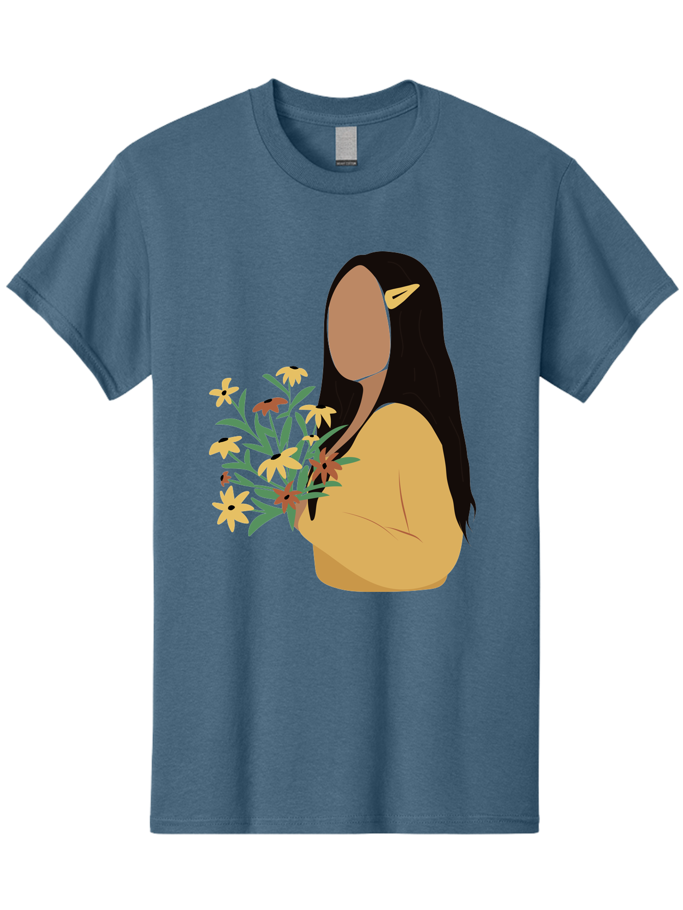 Woman-With-Flowers Men'S Graphic Tee, 100% Cotton, Comfortable Casual Summer Wear, Machine Washable, Woman Holding Flowers, Simple Illustration, Minimalist Design, Yellow Flowers, Long Black Hair, Yellow Shirt, Elegance, Simplicity, Aae074 21